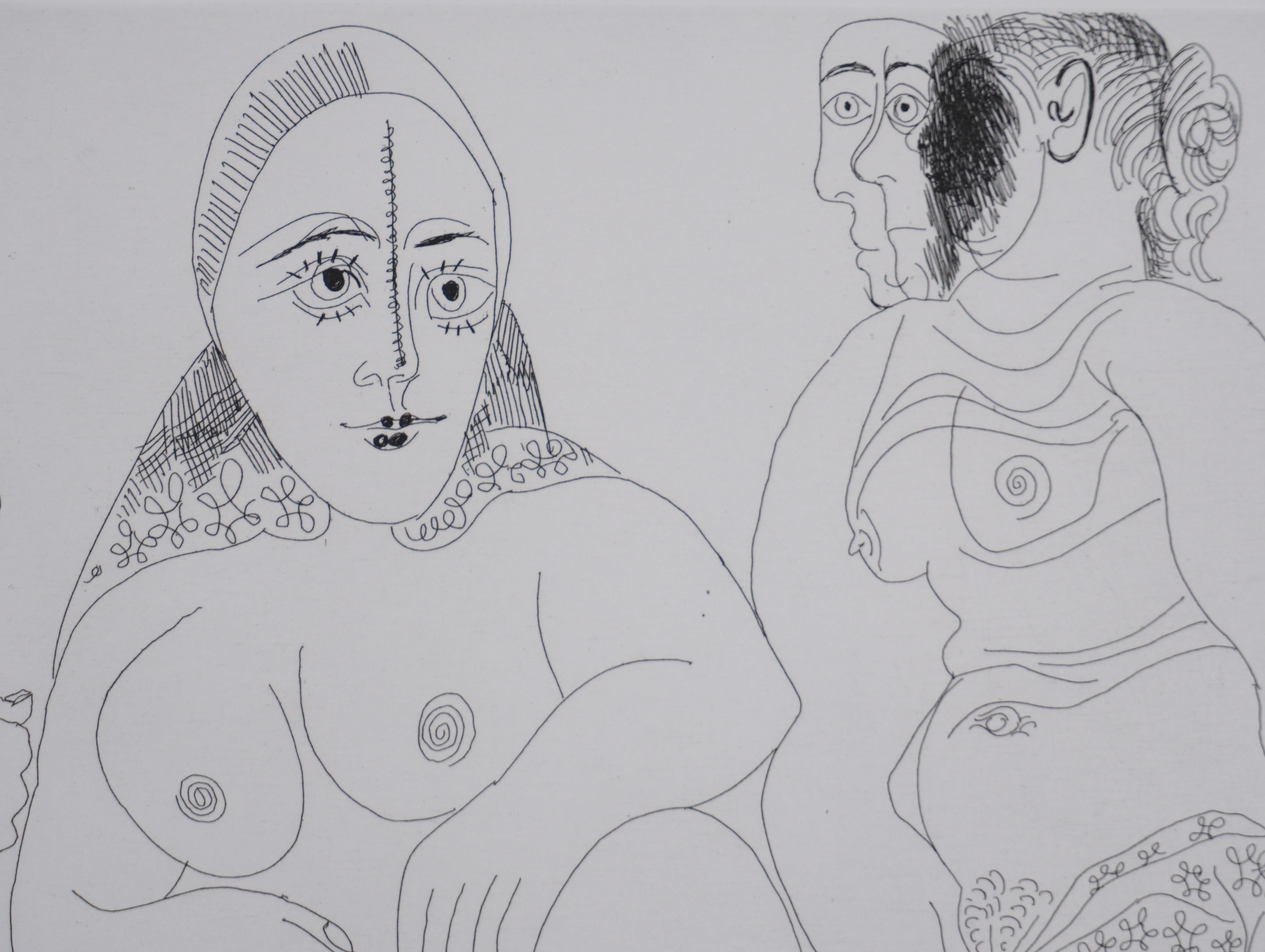 Pablo PICASSO (1881-1973)
Los 156, Caballero con dos mujeres (lámina 53), 1978

Grabado original (taller de Crommelynck)
Firmado con sello
Justificado HC B/C
Sobre vitela, 41,5 x 48 cm (c. 16,33 x 18,89 pulg.)

REFERENCIA:
- Catálogo razonado Bloch