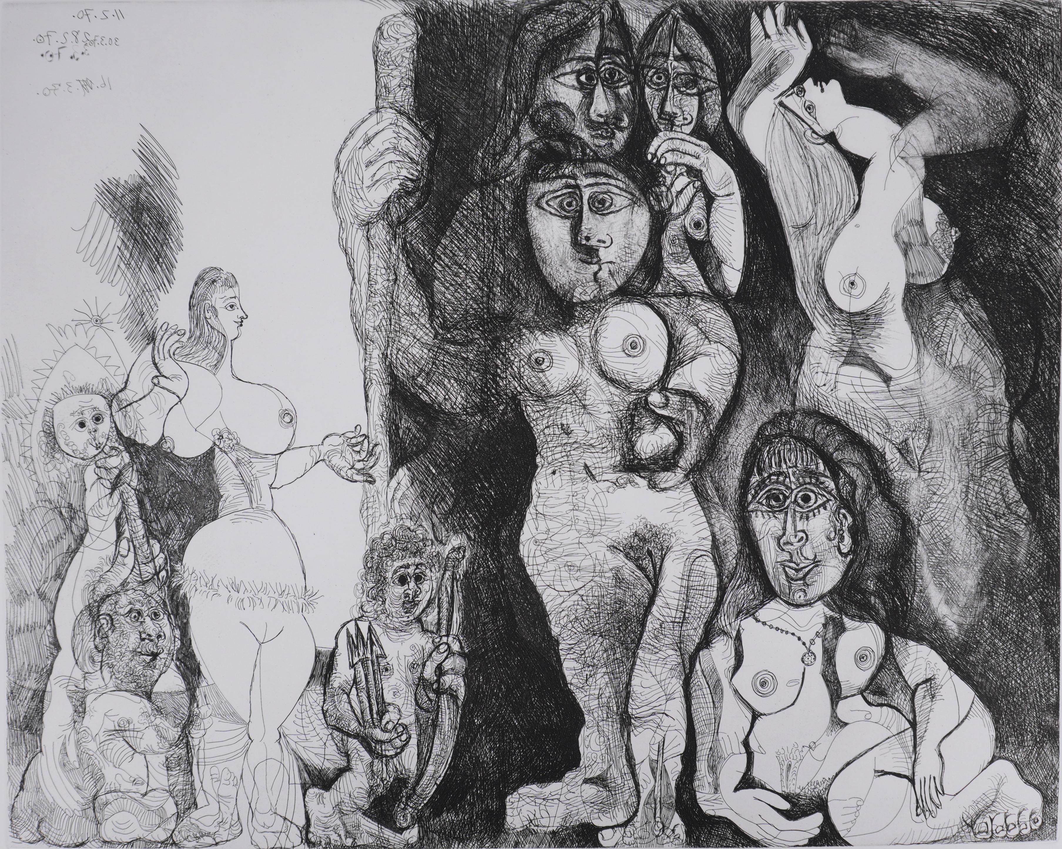 Il 156, Cupido che si avventura tra le donne - Acquaforte originale, firmata (Baer #1873) - Print di Pablo Picasso