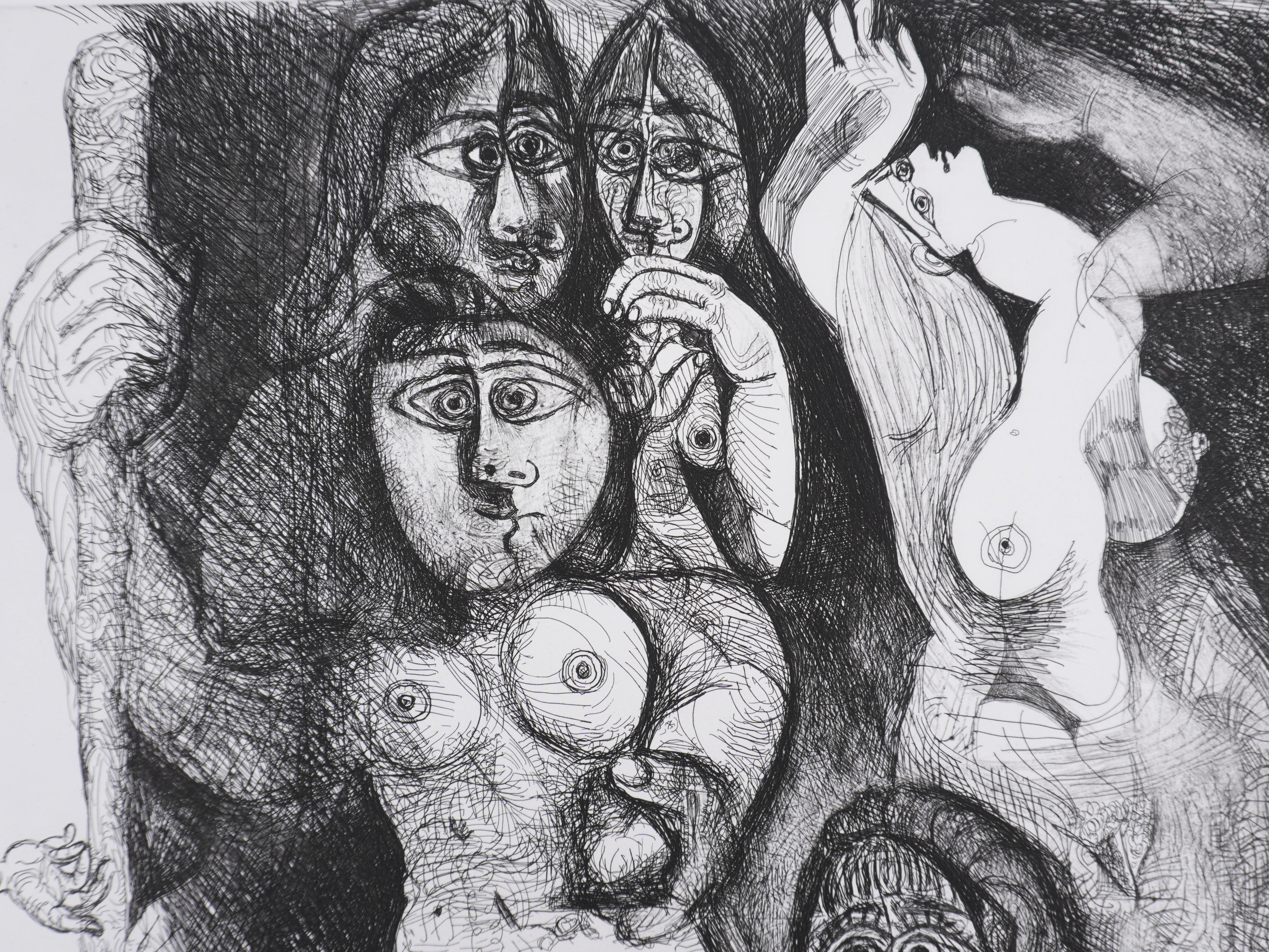 Il 156, Cupido che si avventura tra le donne - Acquaforte originale, firmata (Baer #1873) - Portrait Print Grigio di Pablo Picasso