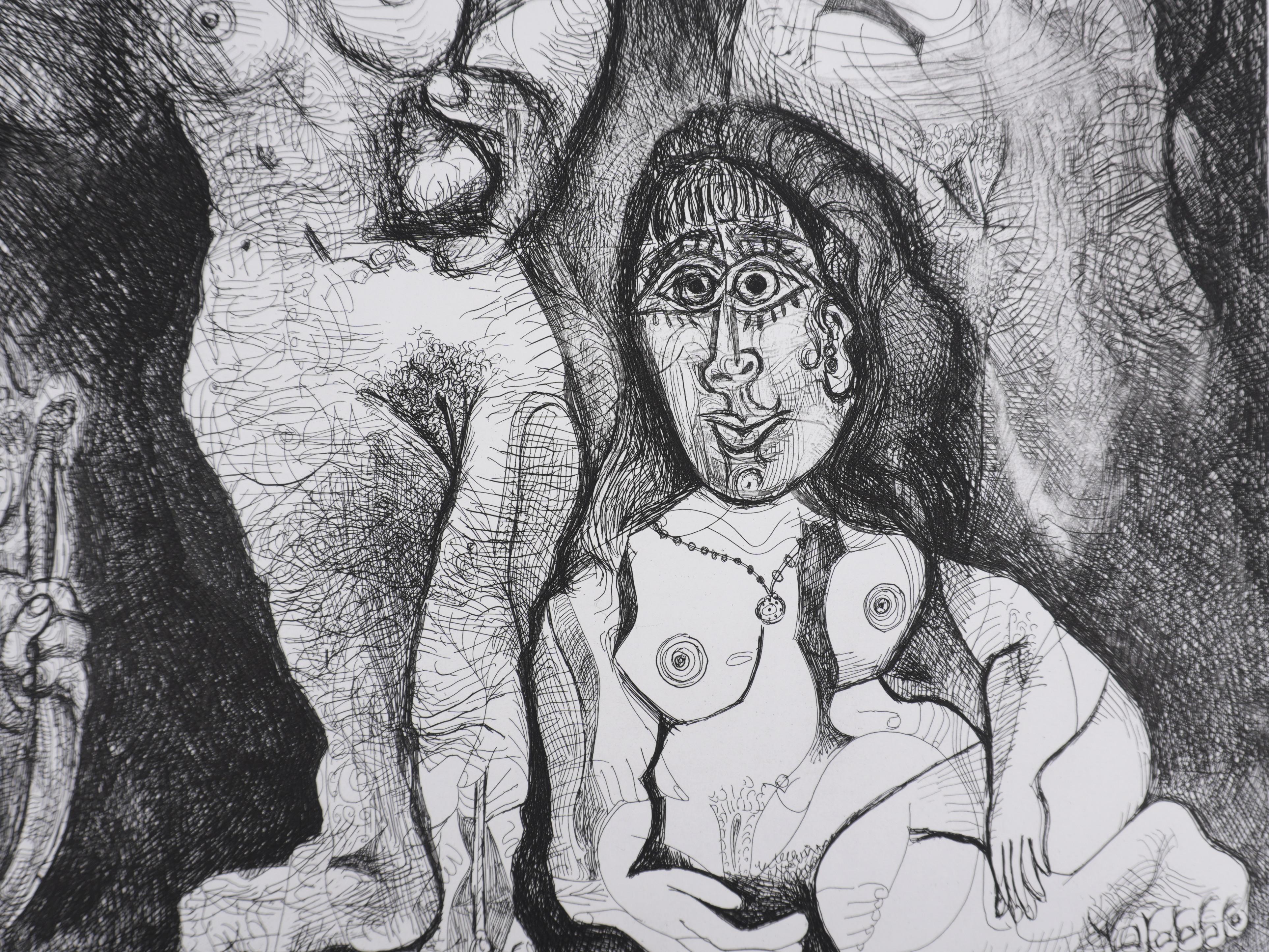 Pablo Picasso (1881-1973)
La 156, Spettacolo: Cupido che si avventura tra le donne (tavola 13), 1978

Acquaforte originale con acquatinta (laboratorio Crommelynck)
Firmato con timbro
A.I.C. giustificato B & C.
Su Vellum, 63 x 76 cm (c. 25 x 30