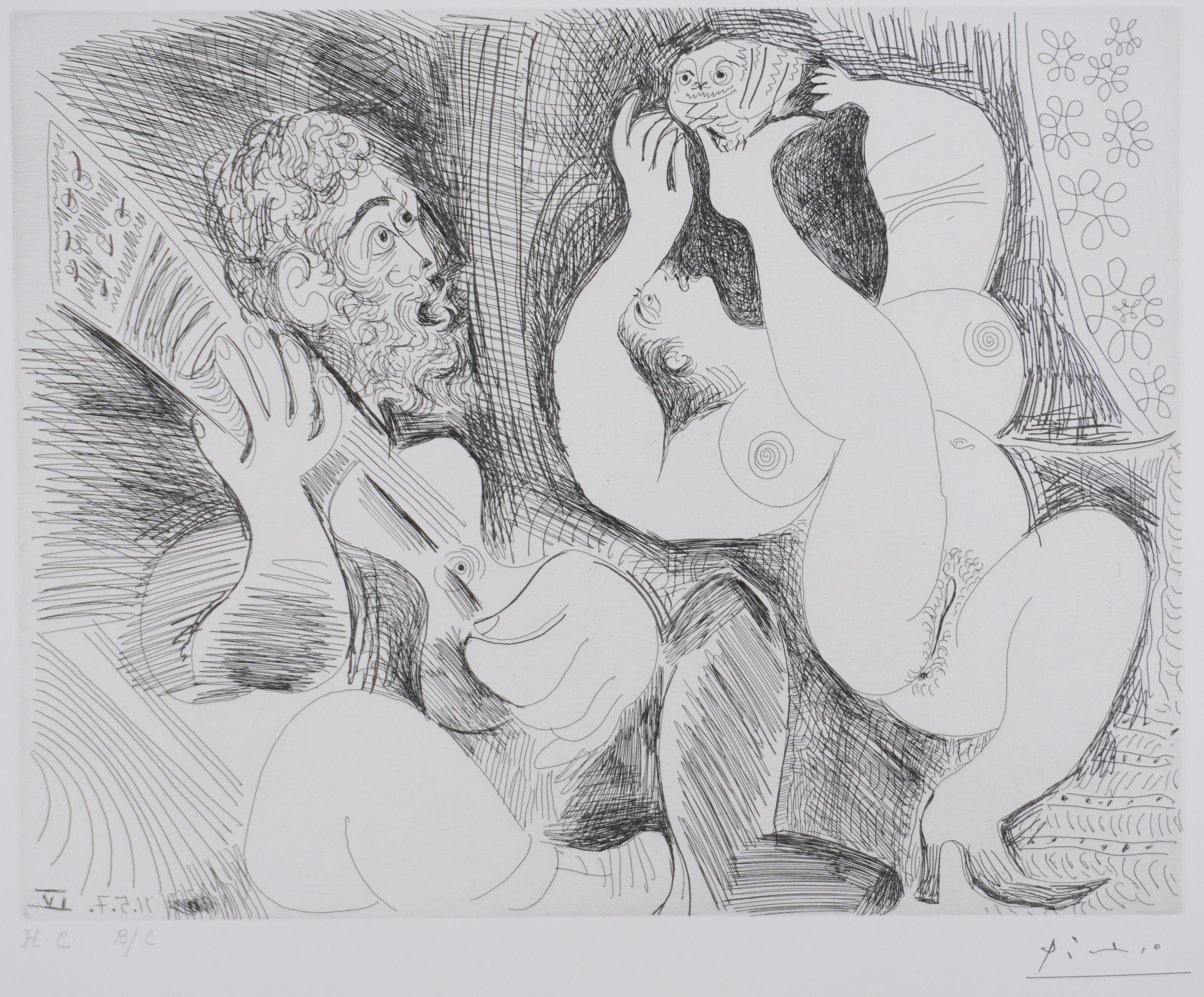 La 156, ballerina che cerca di sedurre il gufo - Acquaforte originale, firmata (Baer#1907) - Print Cubismo di Pablo Picasso