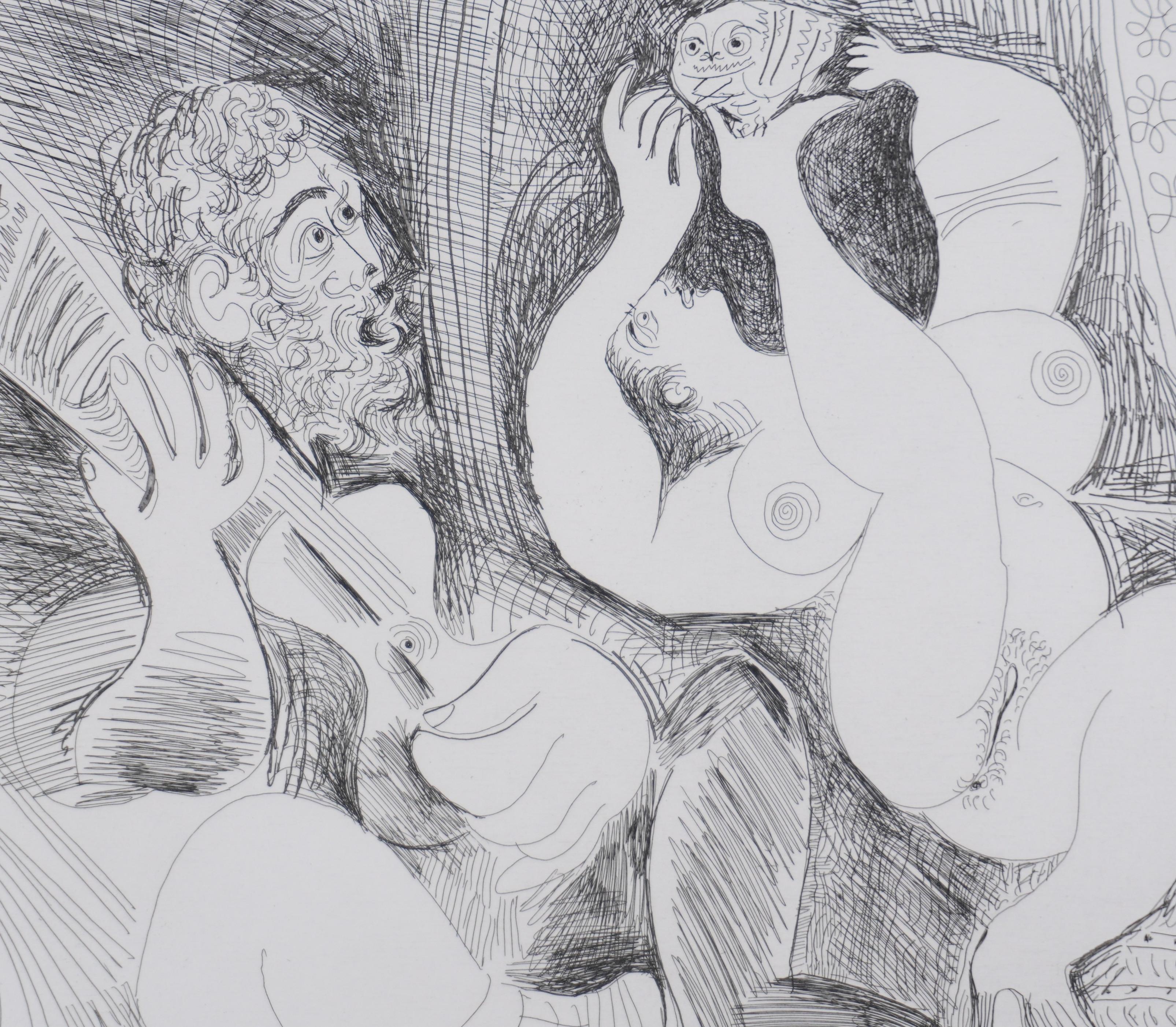 La 156, ballerina che cerca di sedurre il gufo - Acquaforte originale, firmata (Baer#1907) - Portrait Print Grigio di Pablo Picasso