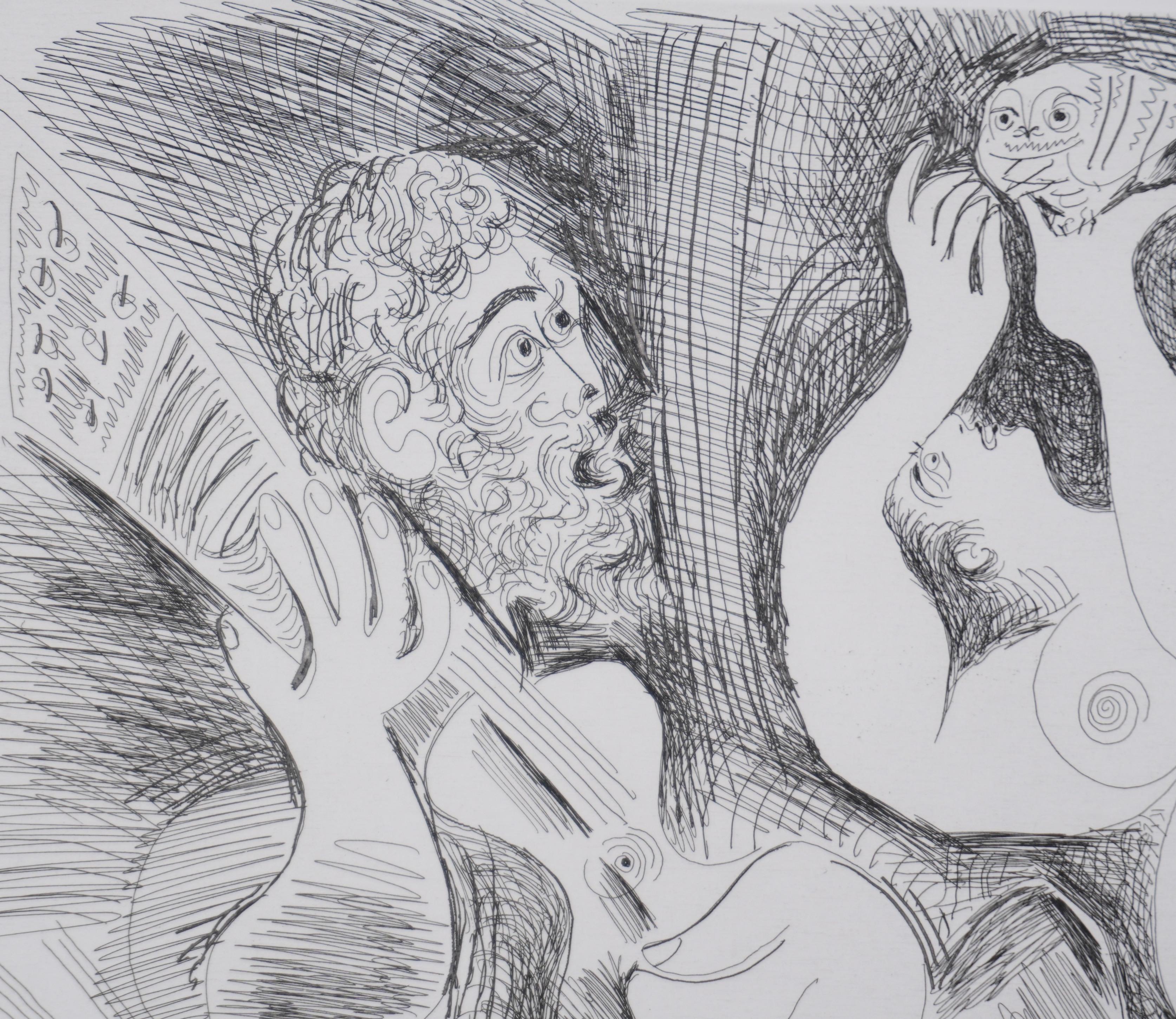 Pablo Picasso (1881-1973)
The 156, Ballerina che cerca di sedurre il gufo (lastra 46), 1978

Acquaforte originale con acquatinta (laboratorio Crommelynck)
Firmato con timbro
A.I.C. giustificato B & C.
Su pergamena, 41,5 x 48 cm (c. 16,33 x 18,89