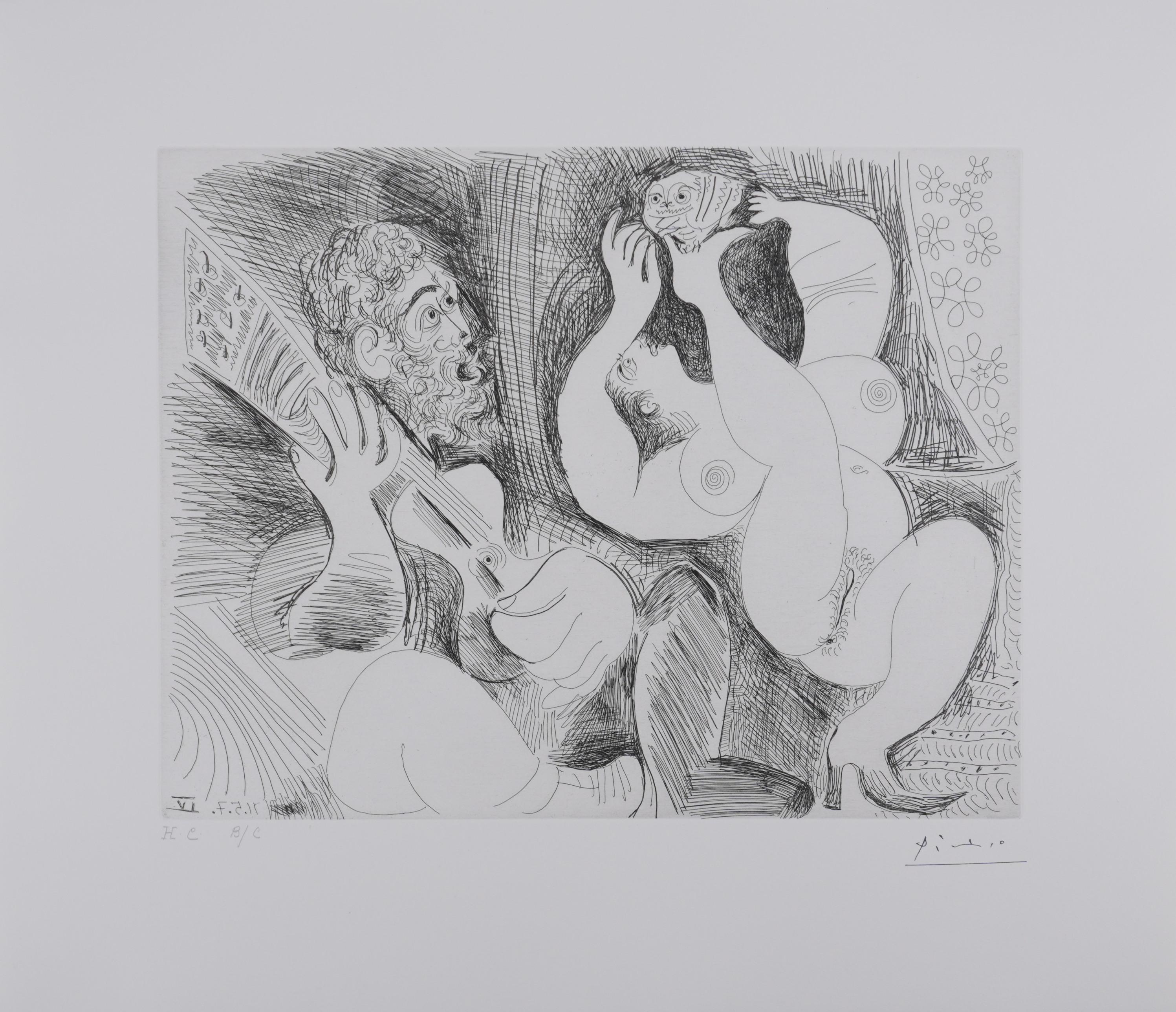 Portrait Print di Pablo Picasso - La 156, ballerina che cerca di sedurre il gufo - Acquaforte originale, firmata (Baer#1907)