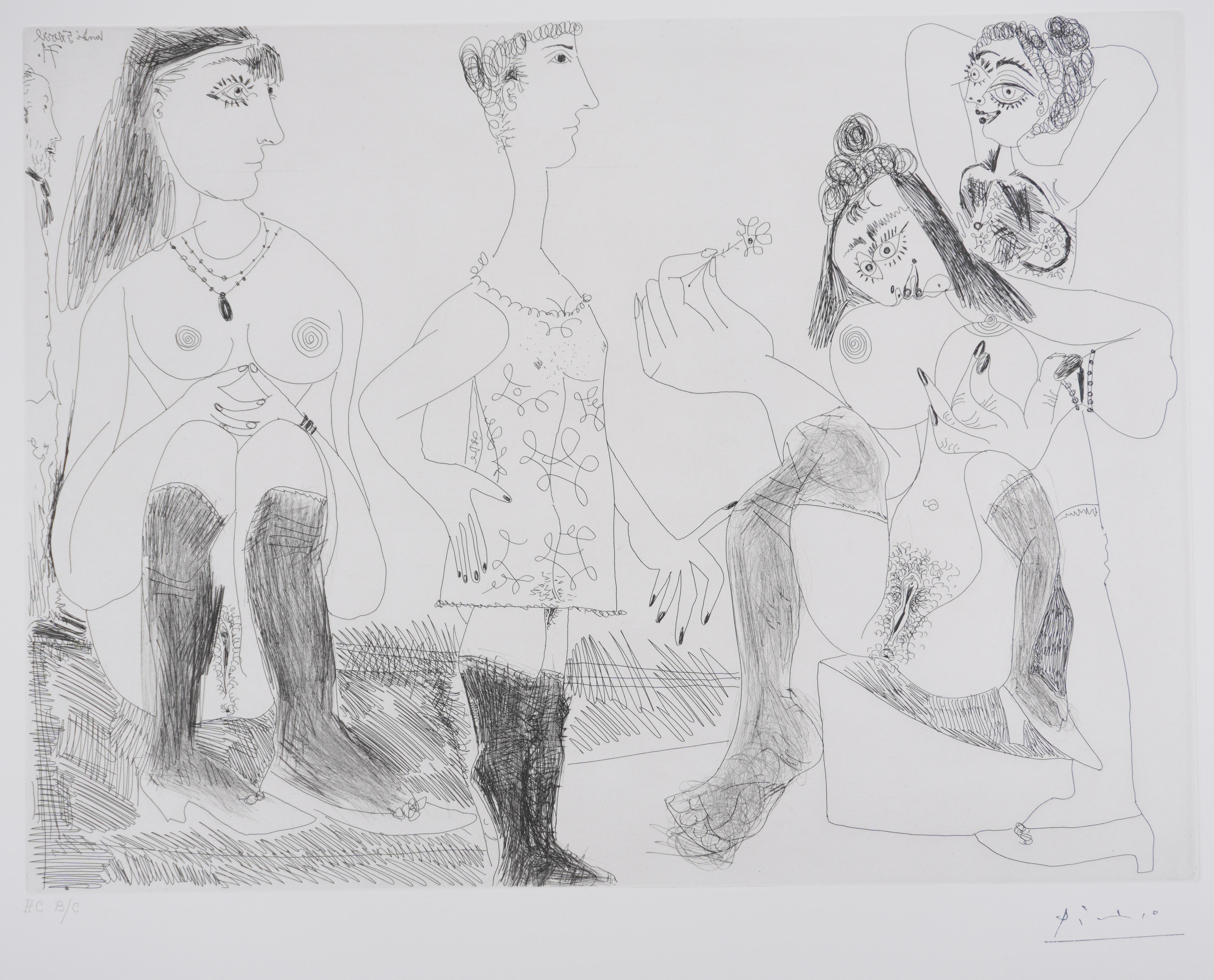 Die 156, Degas Denken, Mädchen - Original-Radierung, signiert (Baer #1974) (Kubismus), Print, von Pablo Picasso