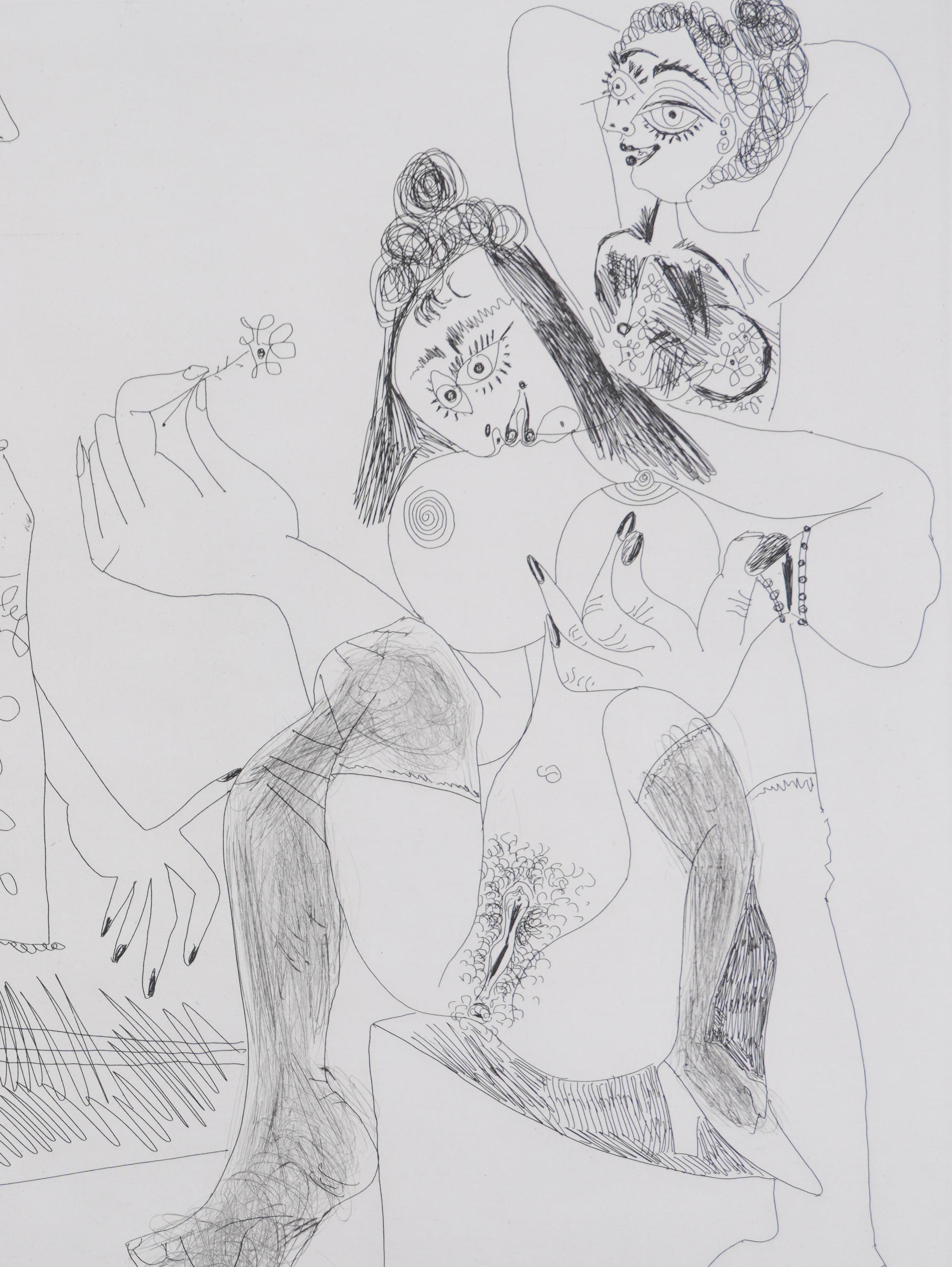 Die 156, Degas Denken, Mädchen - Original-Radierung, signiert (Baer #1974) (Grau), Nude Print, von Pablo Picasso