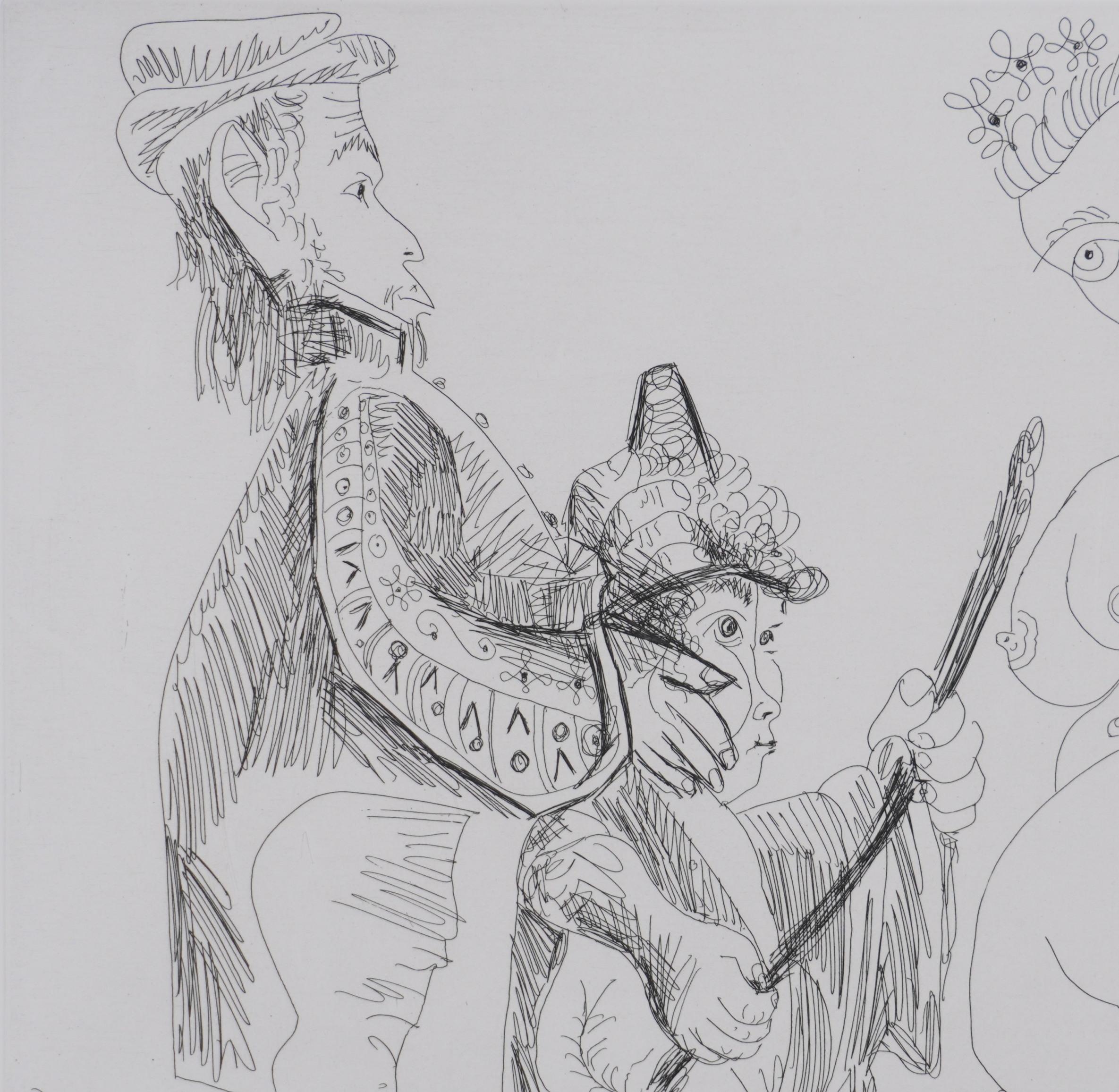 Pablo PICASSO (1881-1973)
Los 156, No mires, hijo mío (placa 93), 1978

Grabado original (taller de Crommelynck)
Firmado con sello
Justificado HC B/C
Sobre vitela, 36,5 x 45 cm (c. 14,37 x 17,71 pulg.)

REFERENCIA:
- Catálogo razonado Bloch nº