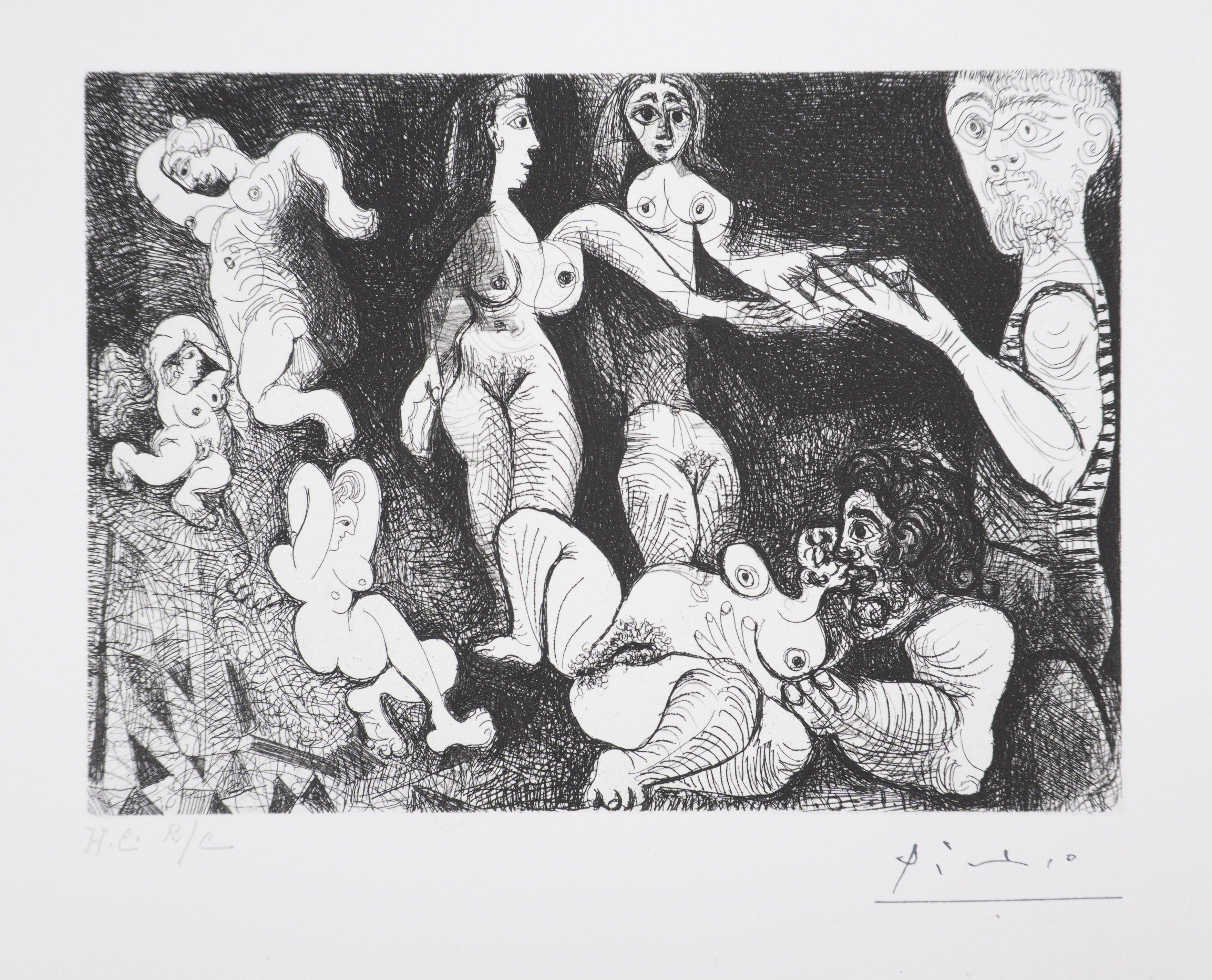 El 156, Marinero soñador con dos mujeres - Aguafuerte original, firmado (Baer #1869) - Print Cubista de Pablo Picasso