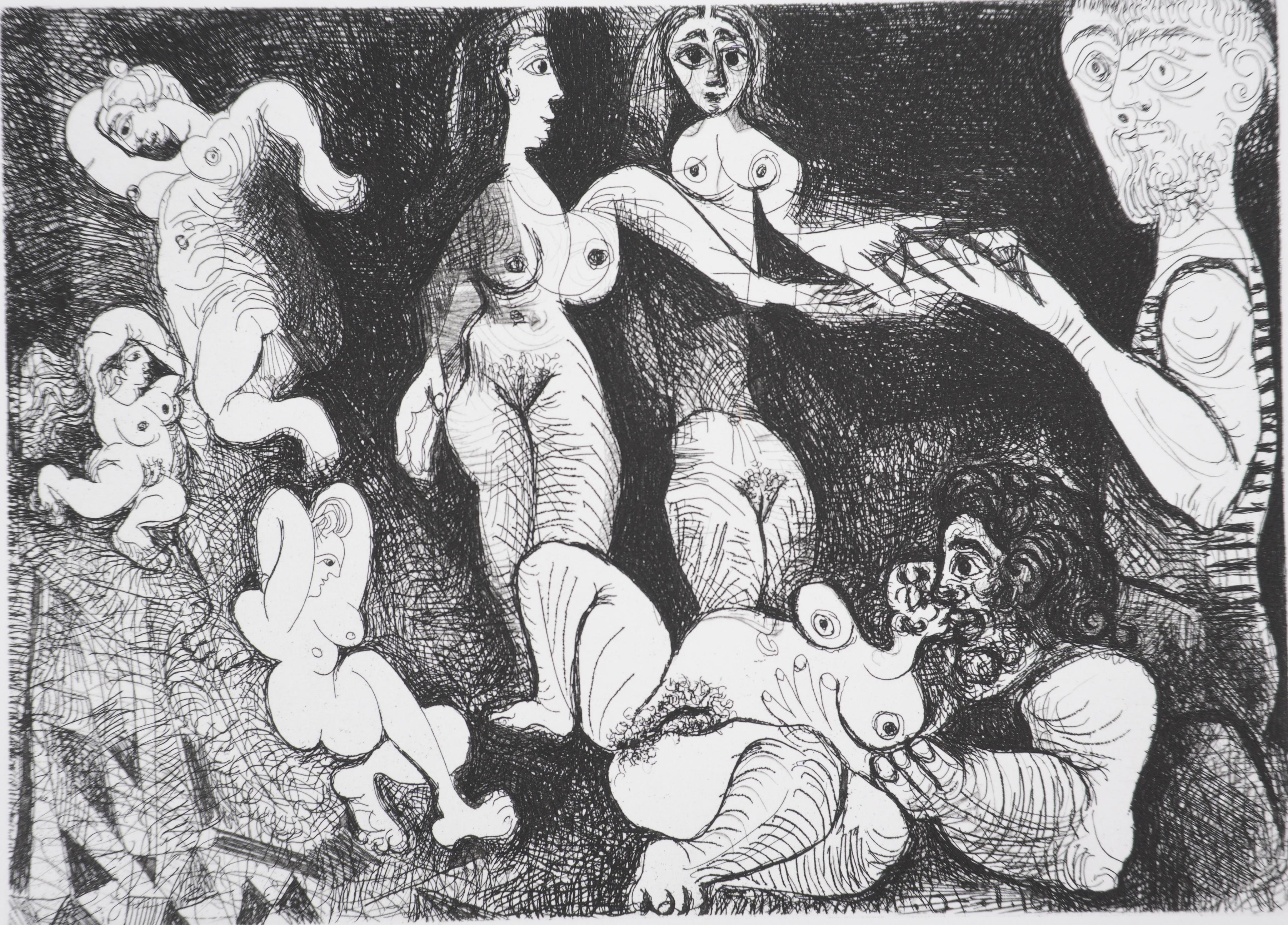 El 156, Marinero soñador con dos mujeres - Aguafuerte original, firmado (Baer #1869) - Portrait Print Gris de Pablo Picasso