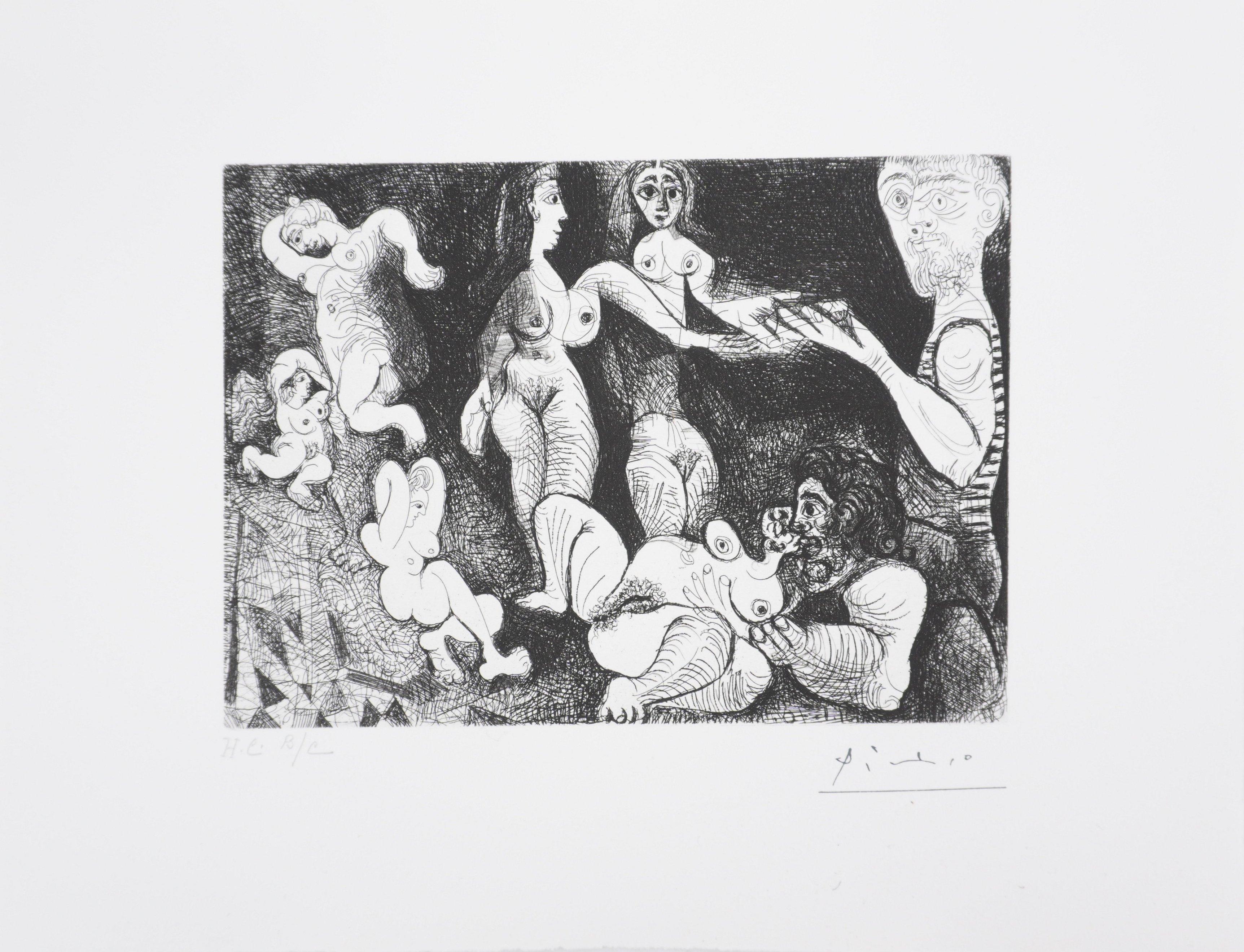 Portrait Print de Pablo Picasso - El 156, Marinero soñador con dos mujeres - Aguafuerte original, firmado (Baer #1869)