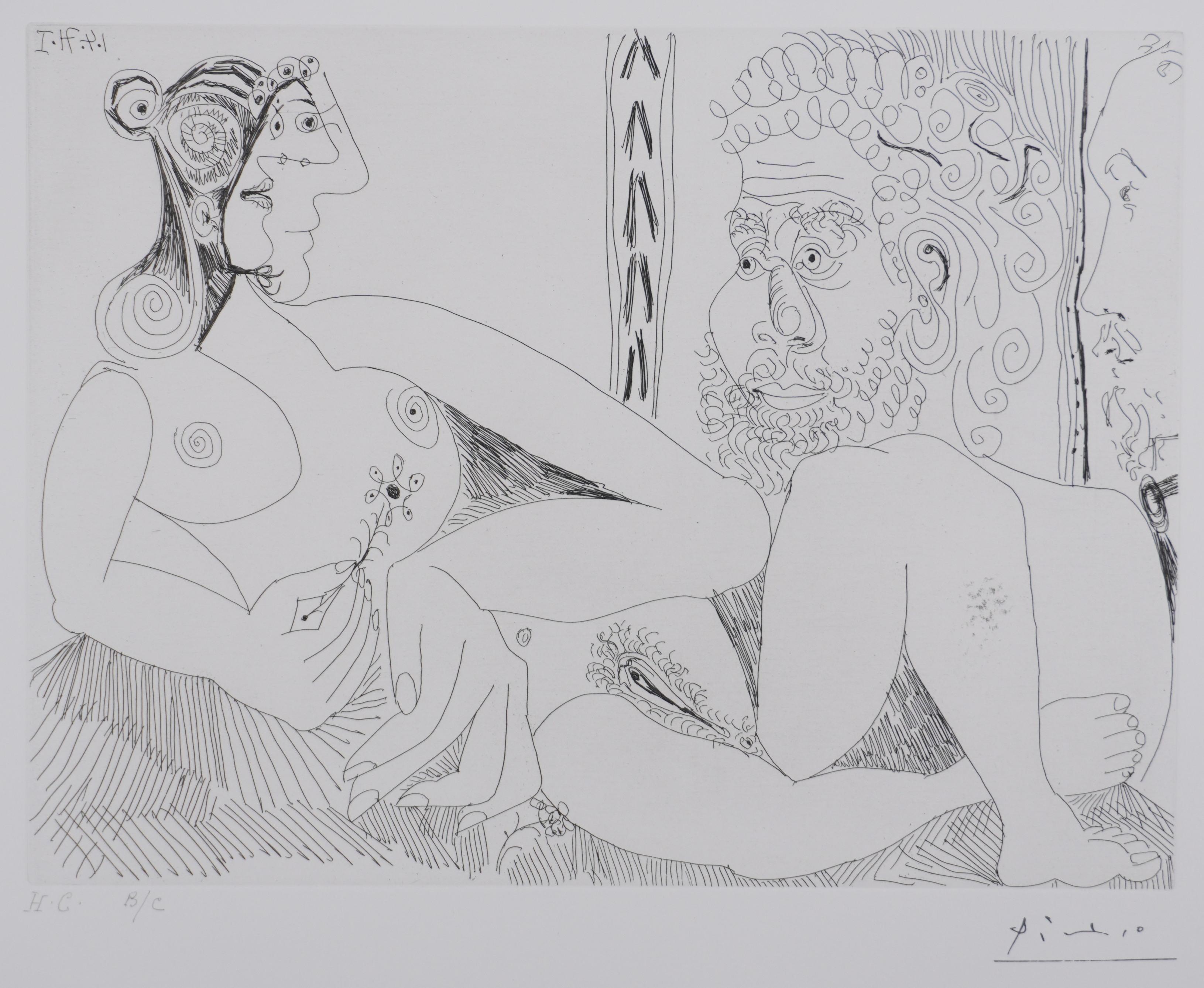 The 156, Flower Woman and Bearded Man  - Original Etching, Signed (Baer #1968) - Cubist Print by Pablo Picasso