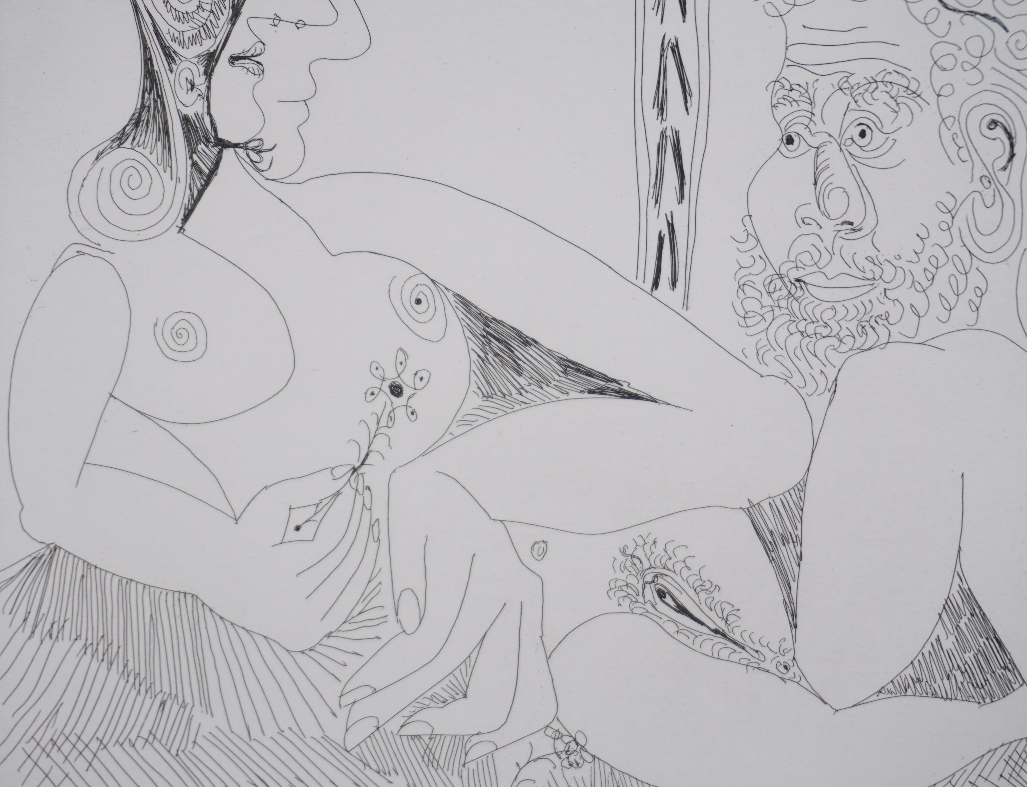 Pablo PICASSO (1881-1973)
The 156, Flower Woman and Bearded Man (plate 104), 1978

Original etching (Crommelynck workshop)
Signed with stamp
Justified HC B/C
On vellum, 36.5 x 45 cm (c. 14.37 x 17.71 in)

REFERENCE:
- Catalogue raisonné Bloch
