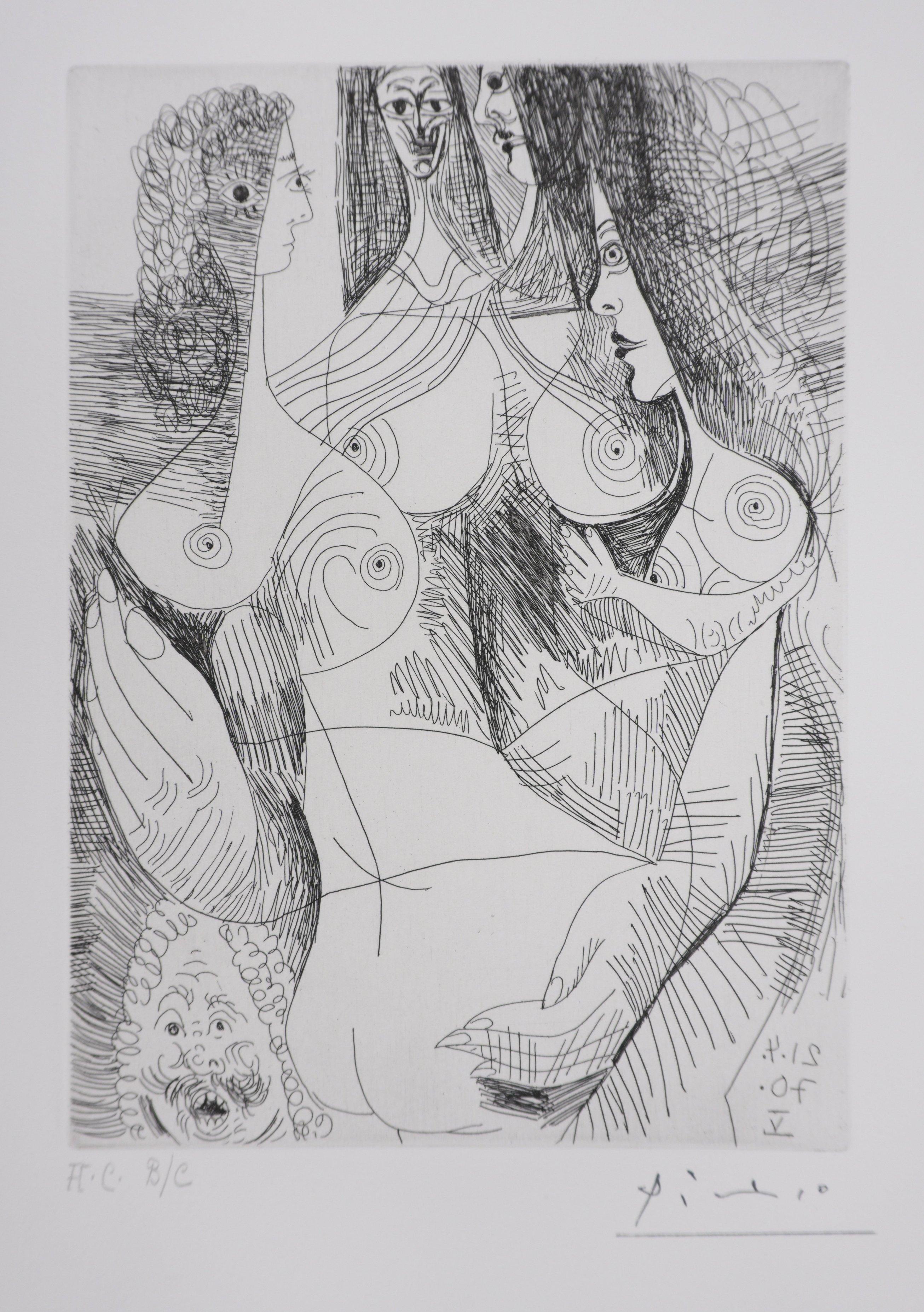 The 156, Four Women and Rembrandt - Original Etching, Signed (Baer #1903) - Cubist Print by Pablo Picasso