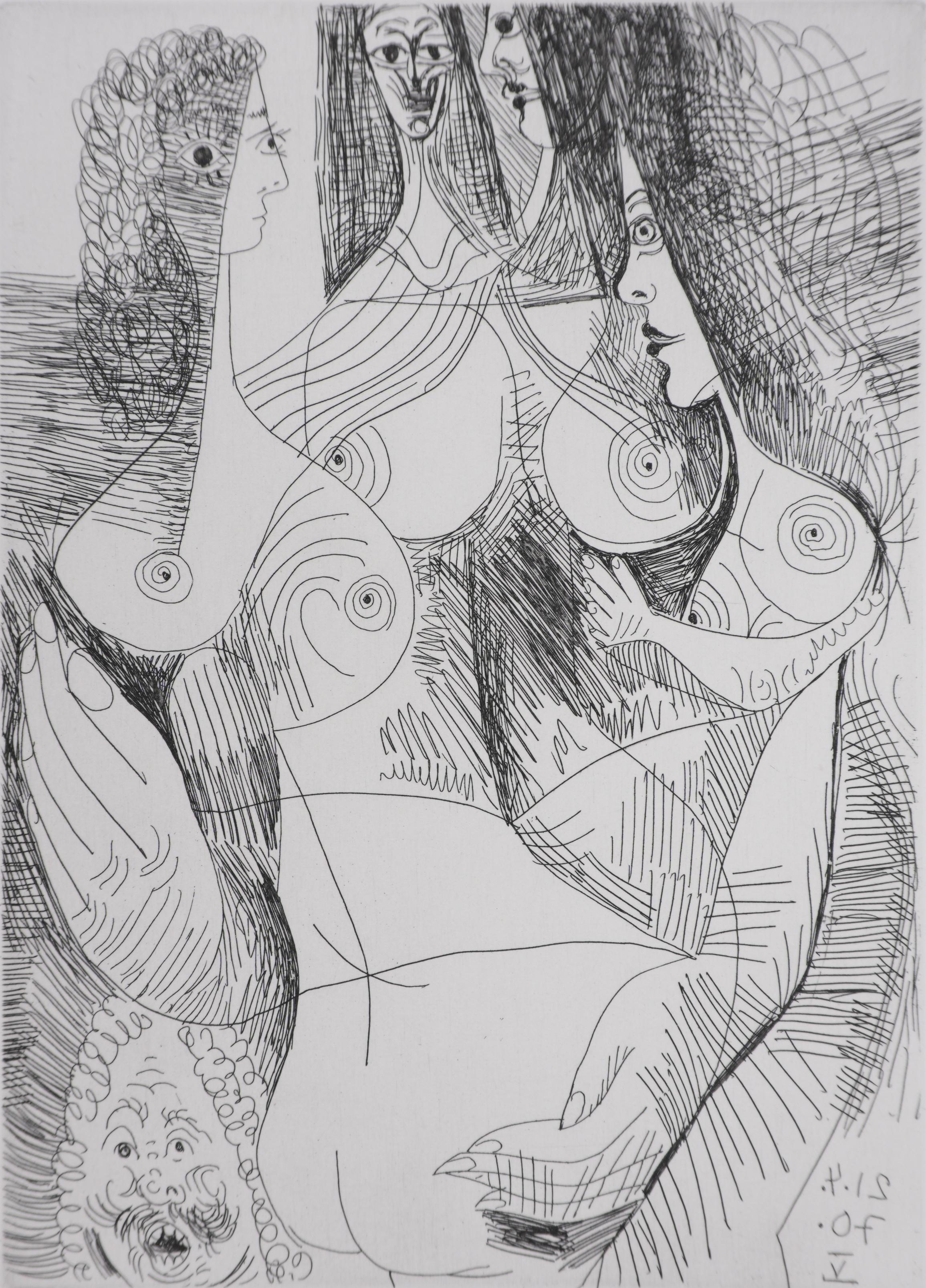 The 156, Four Women and Rembrandt - Original Etching, Signed (Baer #1903) - Gray Portrait Print by Pablo Picasso