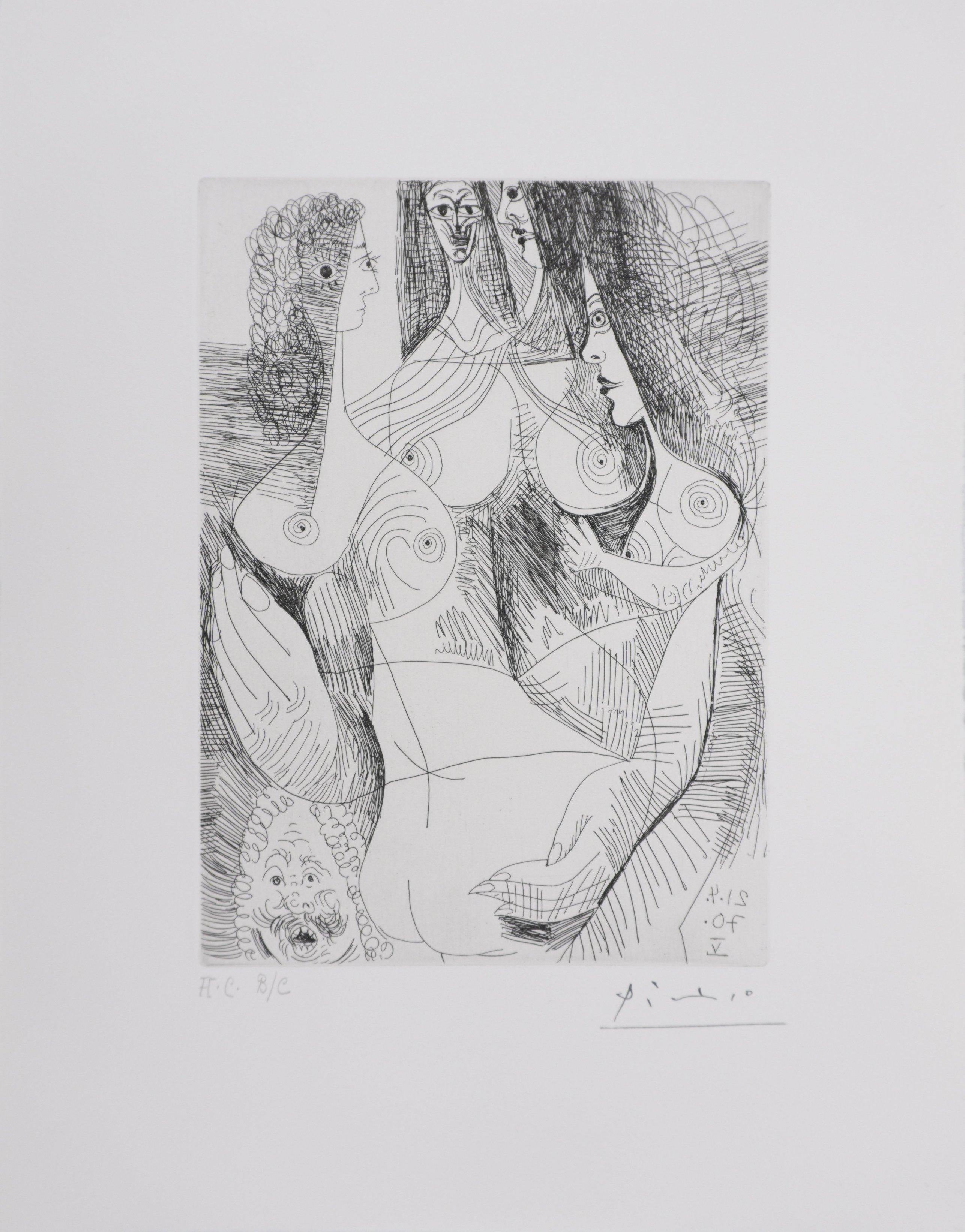 Pablo Picasso Portrait Print - The 156, Four Women and Rembrandt - Original Etching, Signed (Baer #1903)