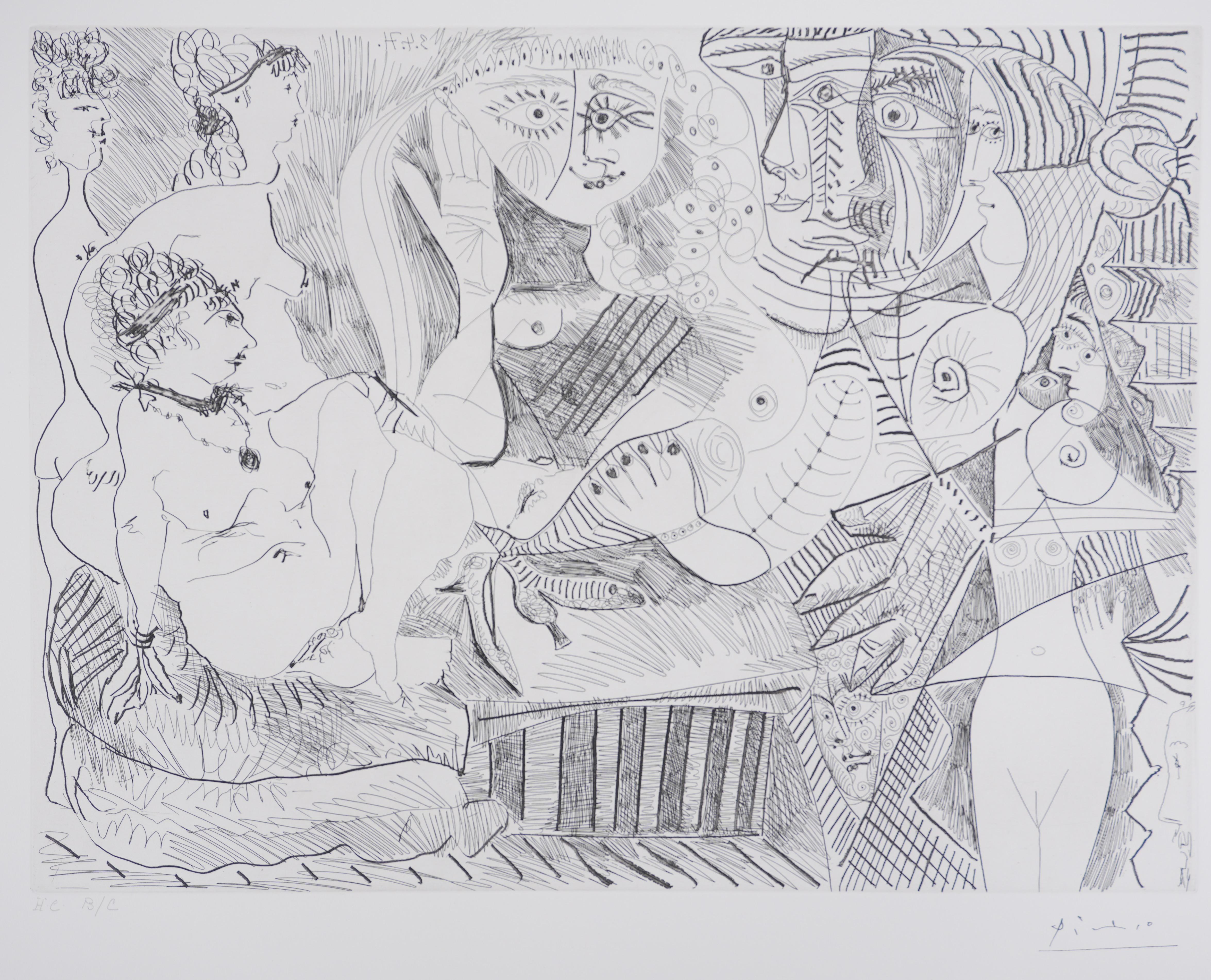 Die 156, Mädchen hören zu... - Original-Radierung, signiert (Baer #1972) (Kubismus), Print, von Pablo Picasso