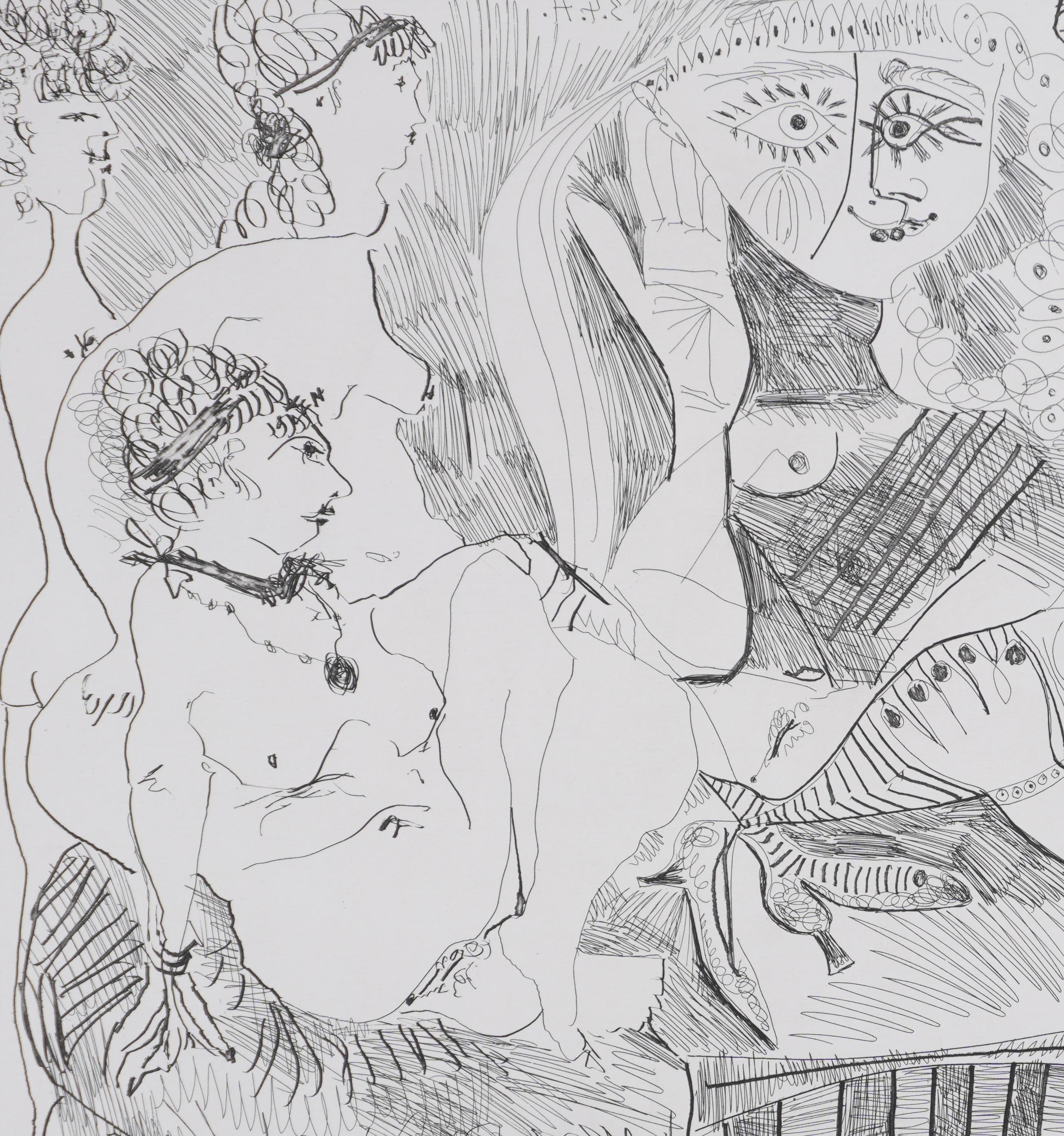 Die 156, Mädchen hören zu... - Original-Radierung, signiert (Baer #1972) (Grau), Nude Print, von Pablo Picasso