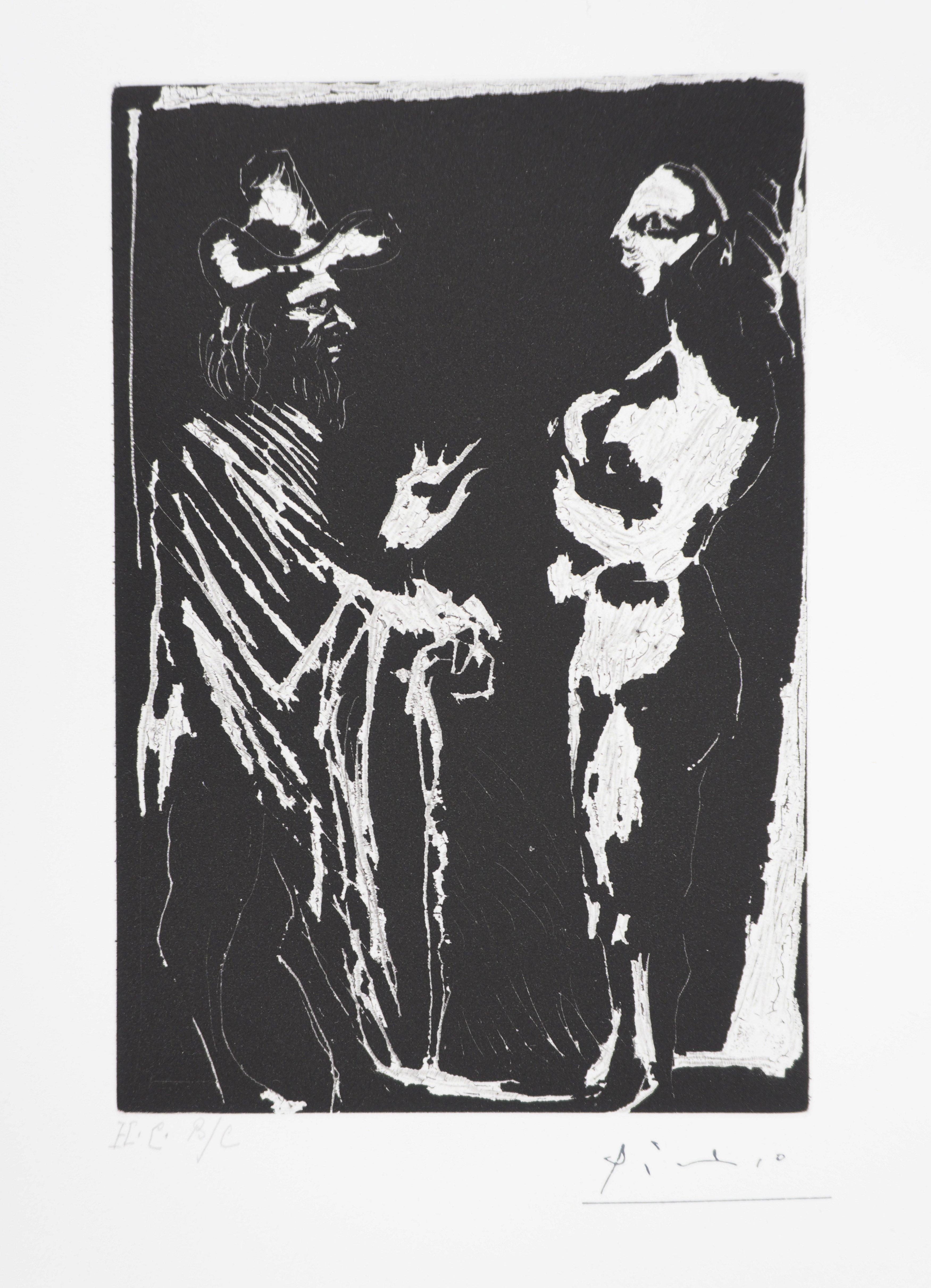 Los 156, hombre hablando con una chica - Grabado original, firmado (Baer #1961B) - Print Cubista de Pablo Picasso