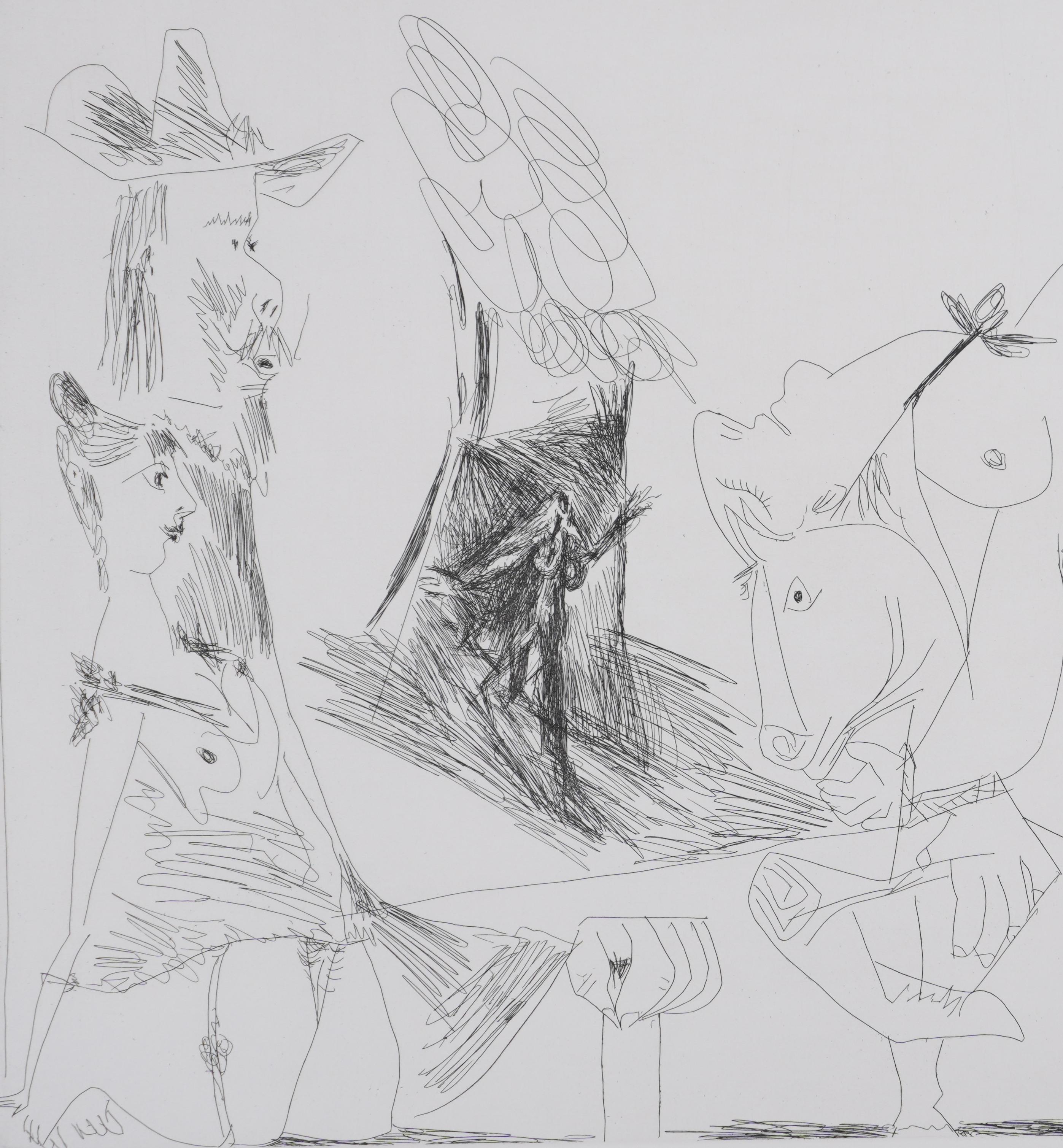 Pablo PICASSO (1881-1973)
Die 156, Erinnerungen. Spanien. Mit einer ohnmächtigen Ehefrau... (Tafel 148), 1978

Original-Radierung (Werkstatt Crommelynck)
Unterzeichnet mit Stempel
Gerechtfertigt HC B/C
Auf Vellum, 50 x 66 cm (ca. 19,68 x 25,98