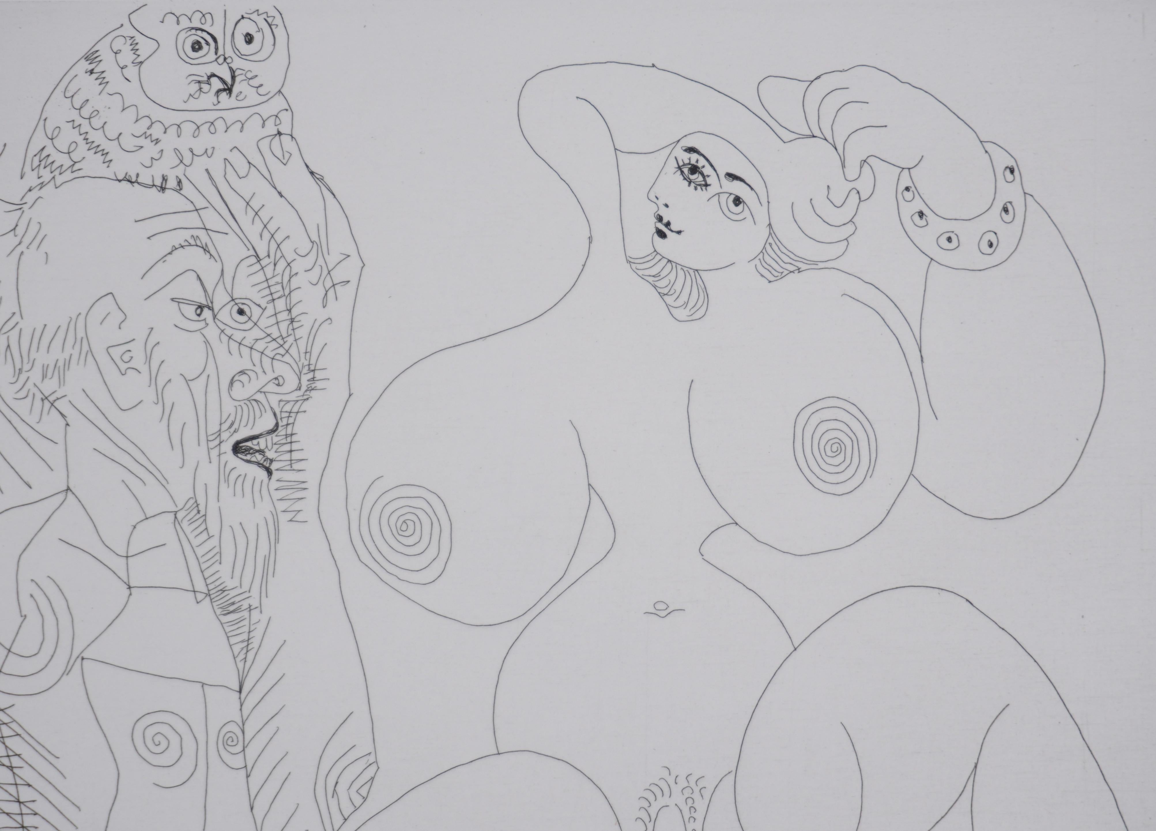 Pablo Picasso (1881-1973)
Il 156, il Moschettiere, l'Abate in preghiera... (lastra 45), 1978

Acquaforte originale (laboratorio Crommelynck)
Firmato con timbro
A.I.C. giustificato B & C.
Su pergamena, 41,5 x 48 cm (c. 16,33 x 18,89