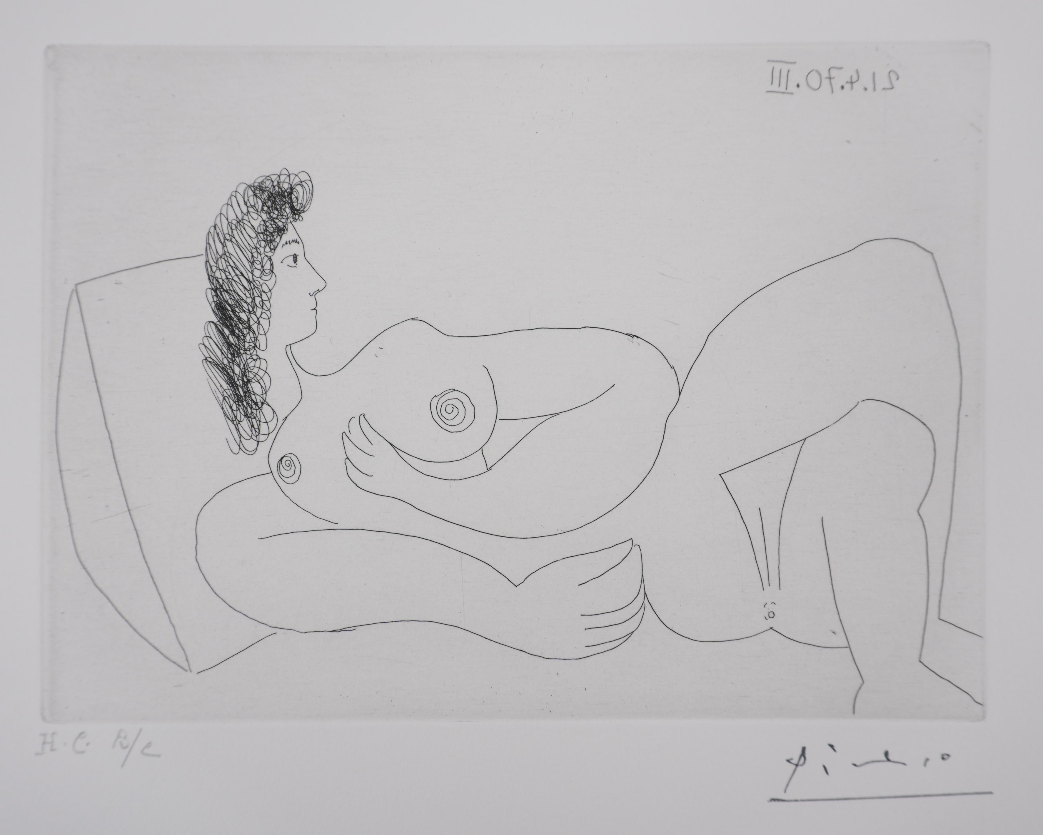 Los 156, Odalisca con cojín - Grabado original, firmado (Baer #1901) - Print de Pablo Picasso