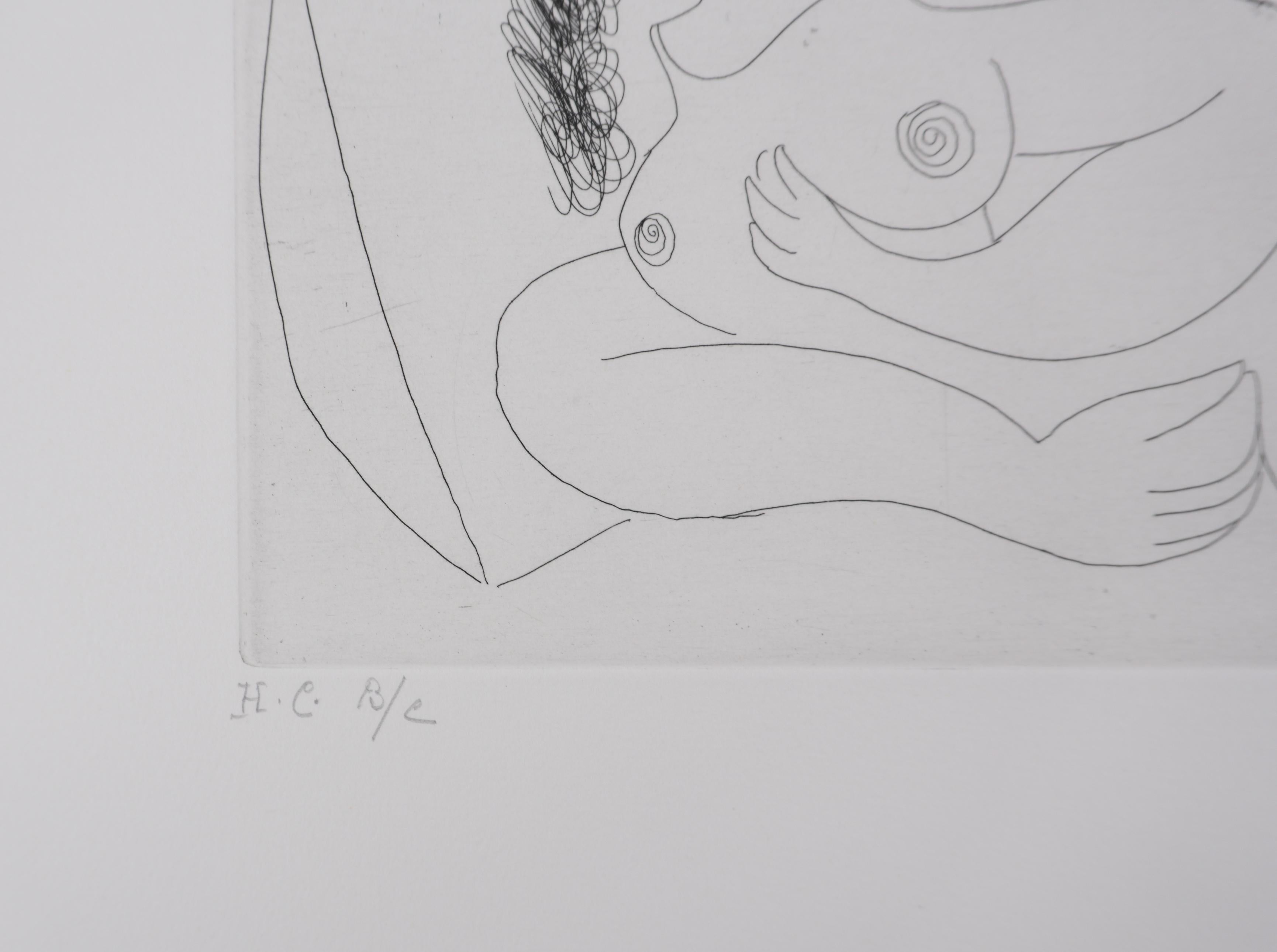 Los 156, Odalisca con cojín - Grabado original, firmado (Baer #1901) - Portrait Print Gris de Pablo Picasso