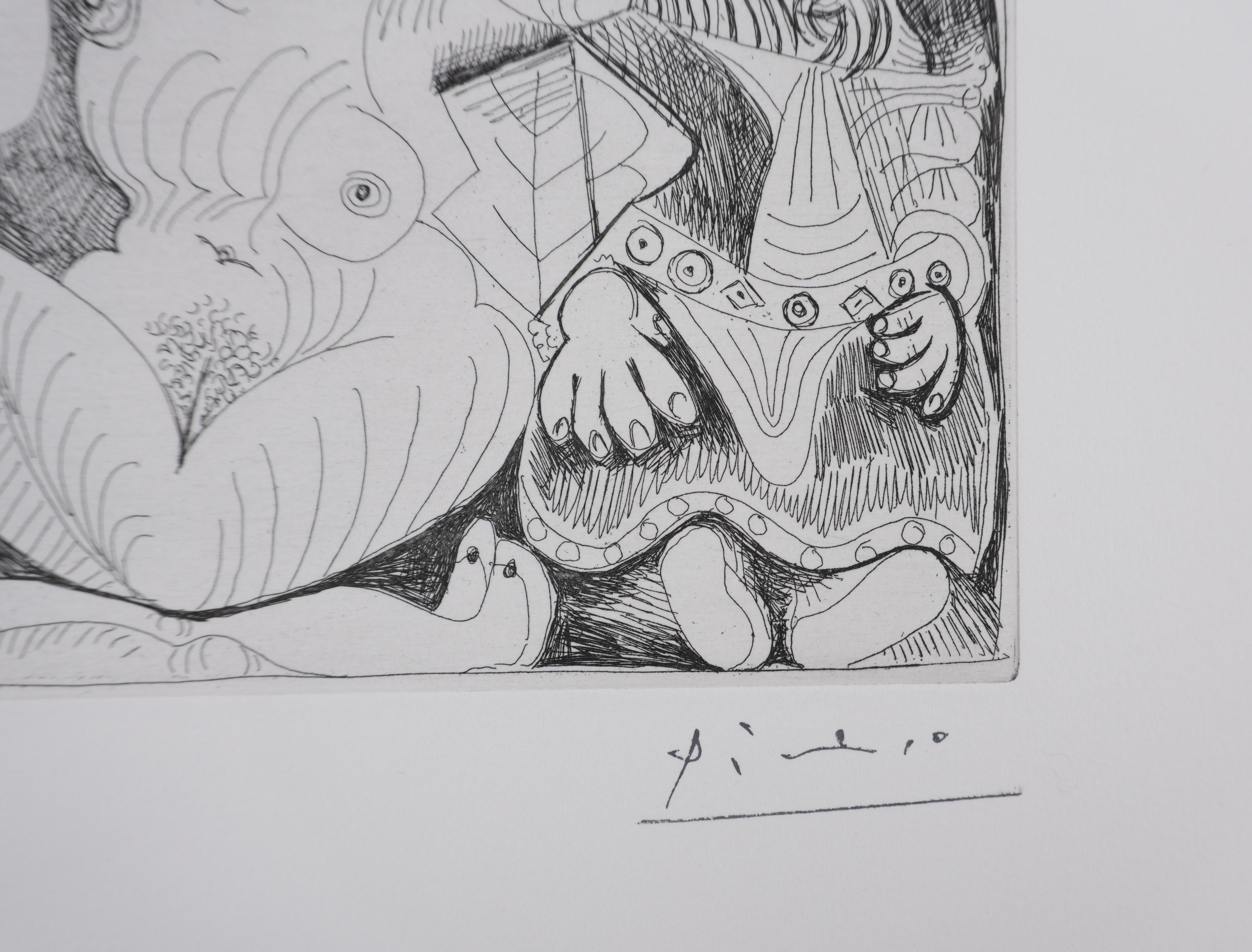 Le 156, le vieillard, la femme, l'athlète et le nain - Gravure originale, signée (Baer #1888) - Print de Pablo Picasso
