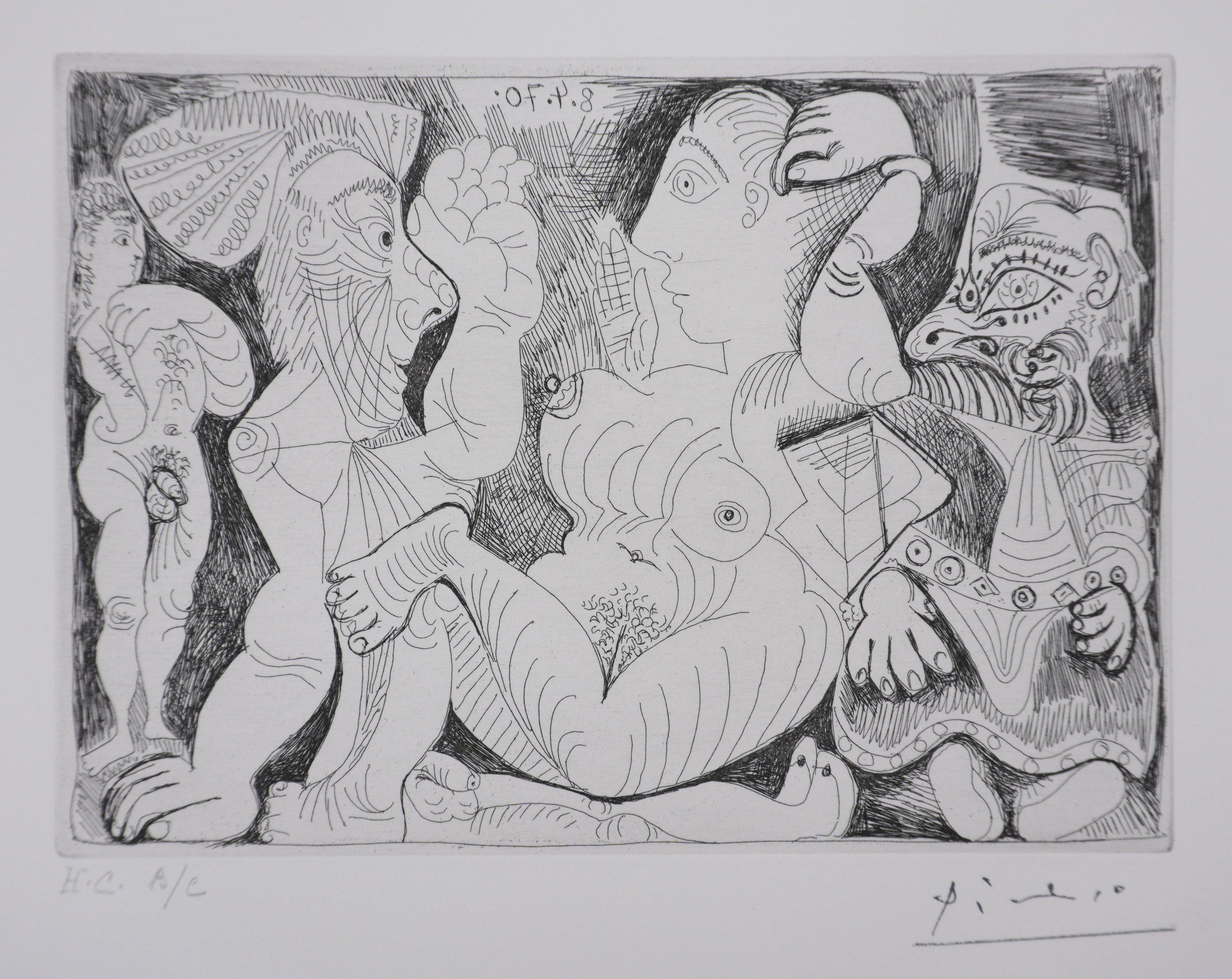 Le 156, le vieillard, la femme, l'athlète et le nain - Gravure originale, signée (Baer #1888) - Cubisme Print par Pablo Picasso