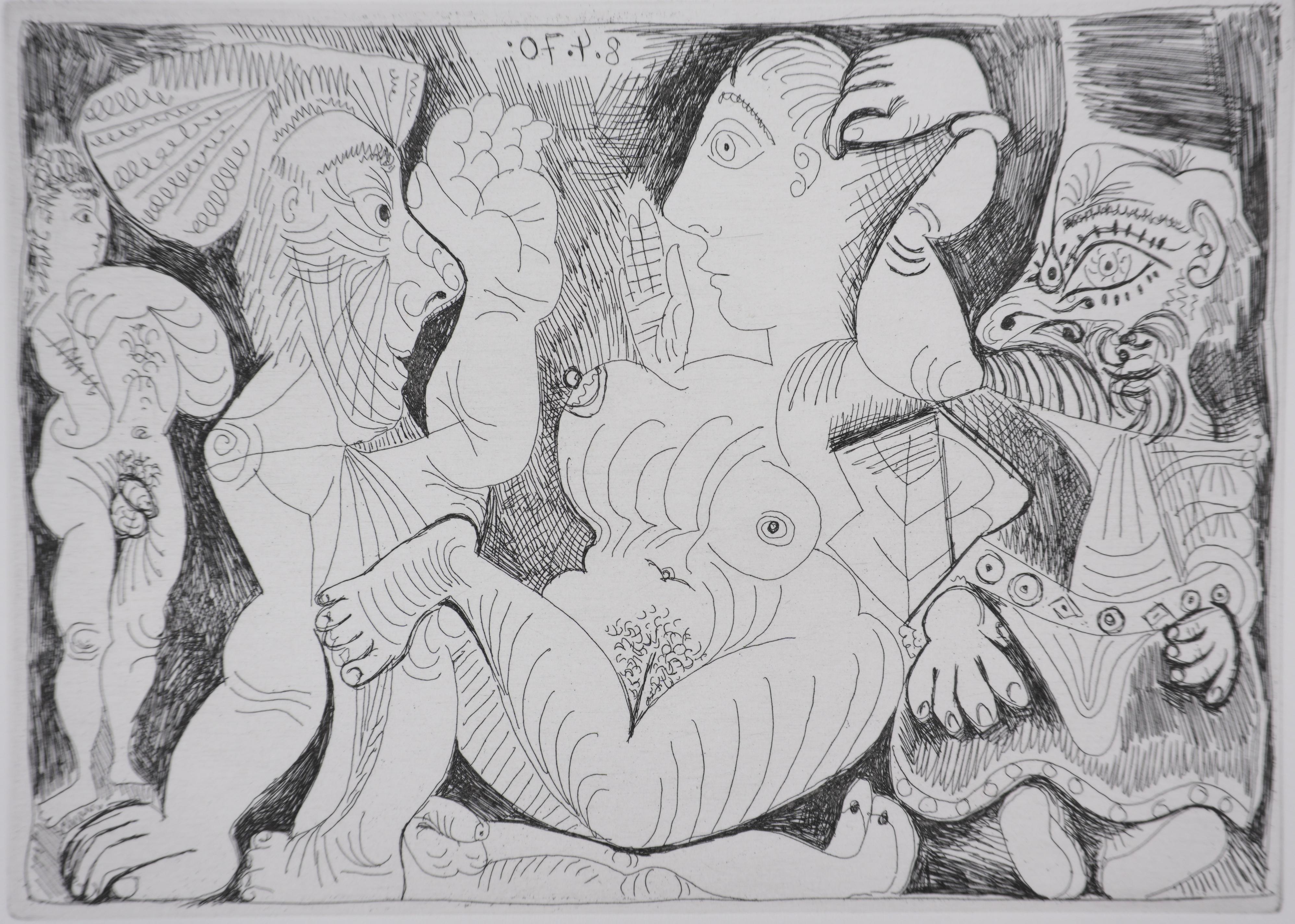 Le 156, le vieillard, la femme, l'athlète et le nain - Gravure originale, signée (Baer #1888) - Gris Portrait Print par Pablo Picasso