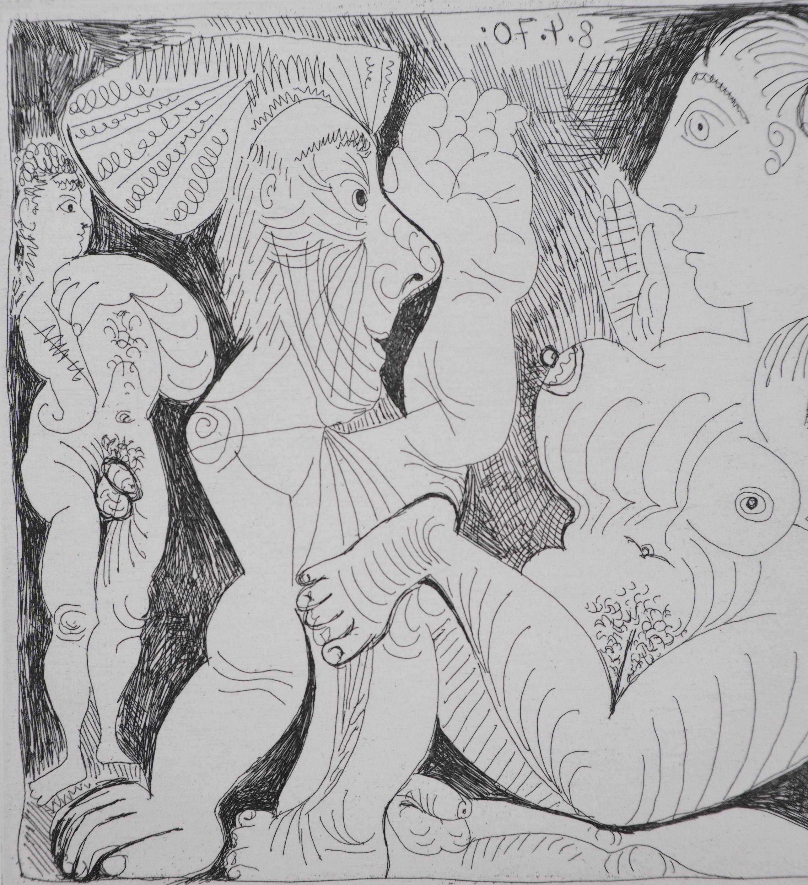 Pablo PICASSO (1881-1973)
Le 156, vieillard et femme, avec un jeune athlète et un nain (planche 27), 1978

Gravure originale (atelier de Crommelynck)
Signé avec le cachet
C.I.C. justifiée
Sur vellum, 25 x 33 C. I.C.

RÉFÉRENCE :
- Catalogue raisonné