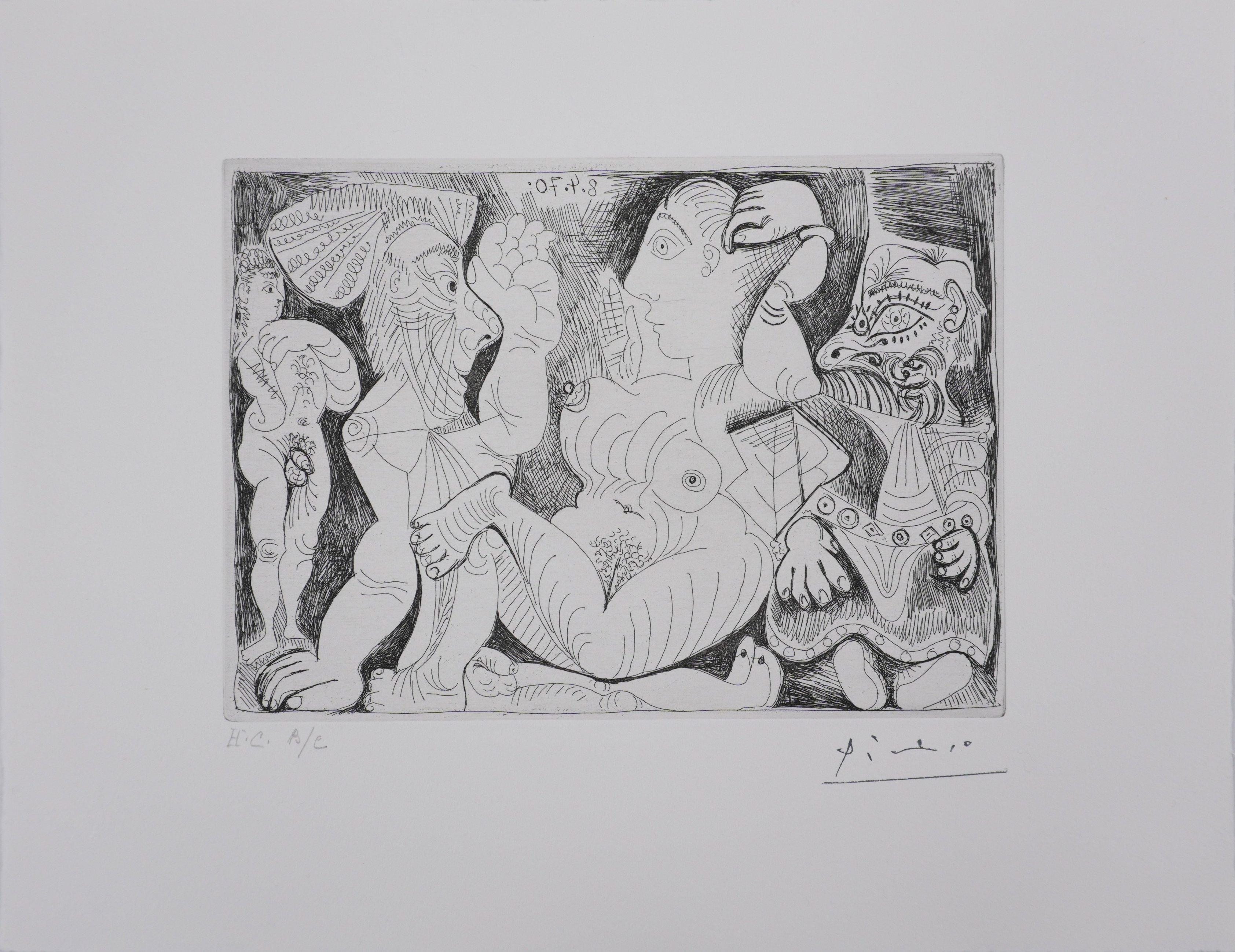 Portrait Print Pablo Picasso - Le 156, le vieillard, la femme, l'athlète et le nain - Gravure originale, signée (Baer #1888)