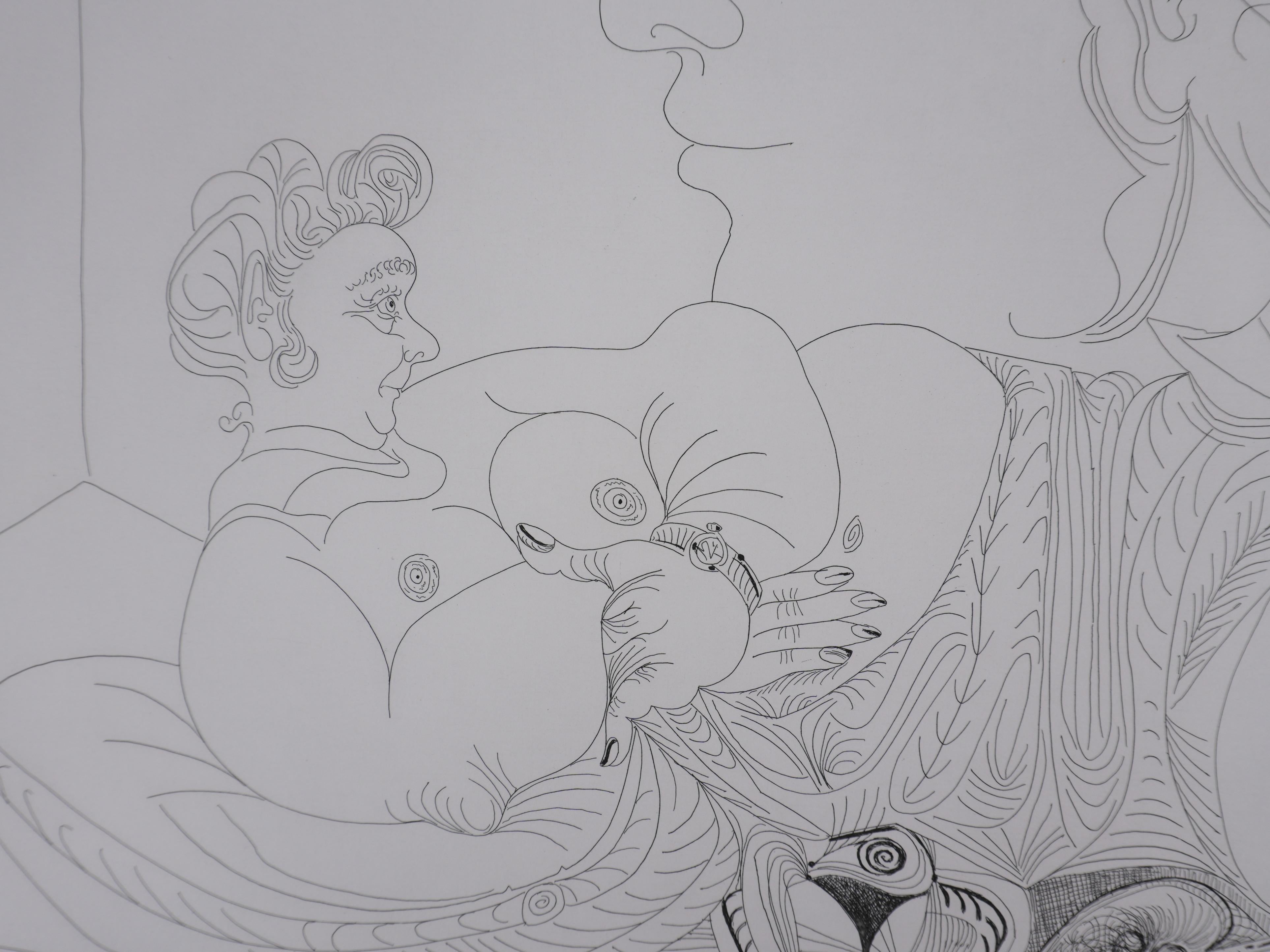 Pablo PICASSO (1881-1973)
Die 156, Spektakel : Amor, der sich unter die Frauen wagt (Tafel 4), 1978

Original-Radierung mit Aquatinta (Werkstatt Crommelynck)
Unterzeichnet mit Stempel
Gerechtfertigt HC B/C
Auf Vellum, 63 x 76 cm (ca. 25 x 30