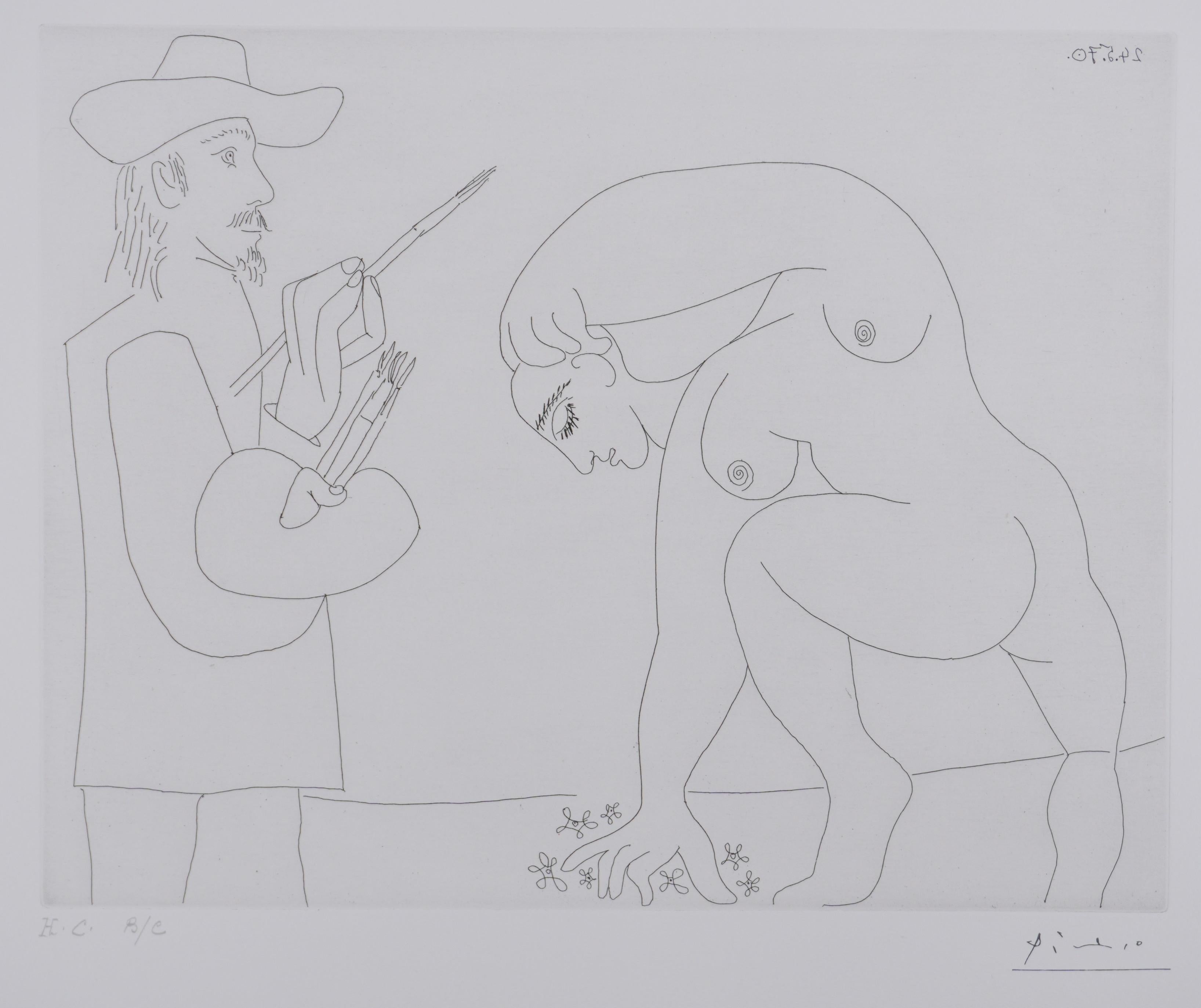 The 156, Painter and Woman with Flowers - Gravure originale, signée (Baer #1917) - Cubisme Print par Pablo Picasso