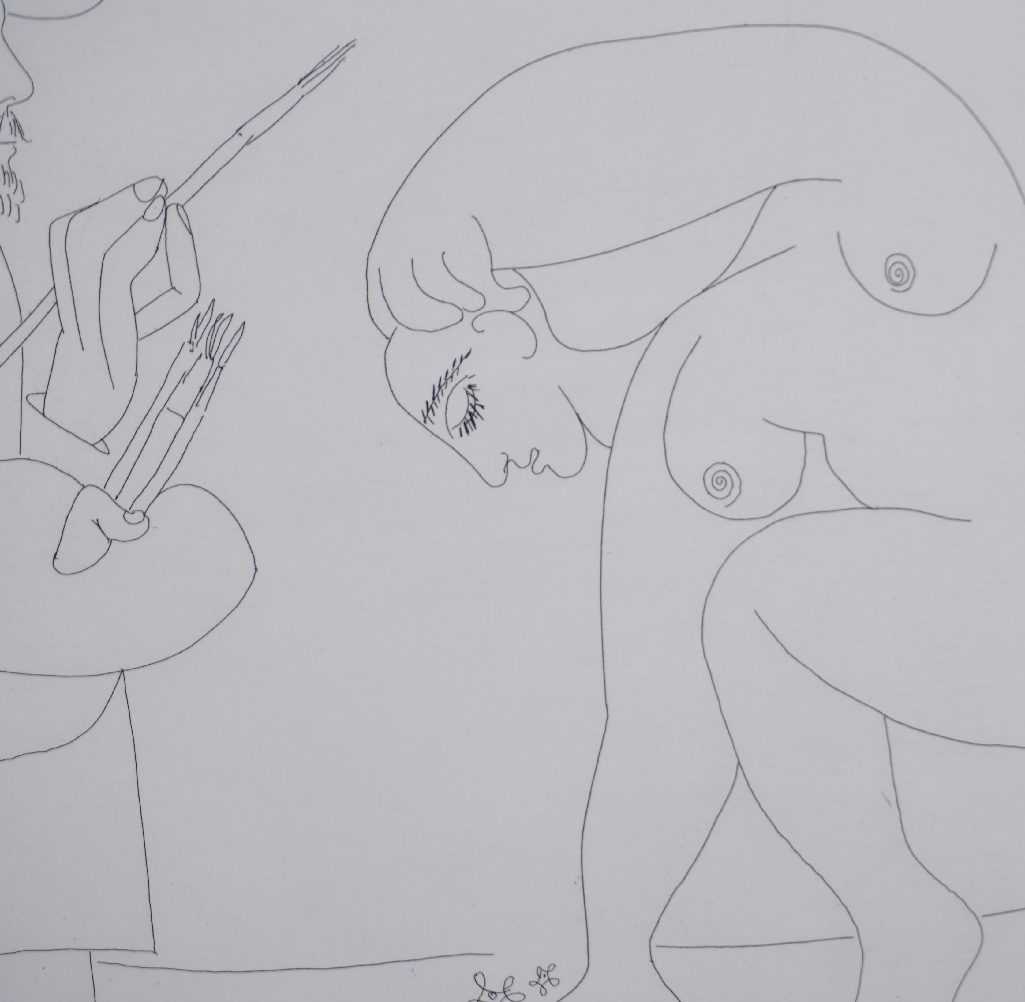 The 156, Painter and Woman with Flowers - Gravure originale, signée (Baer #1917) - Gris Nude Print par Pablo Picasso