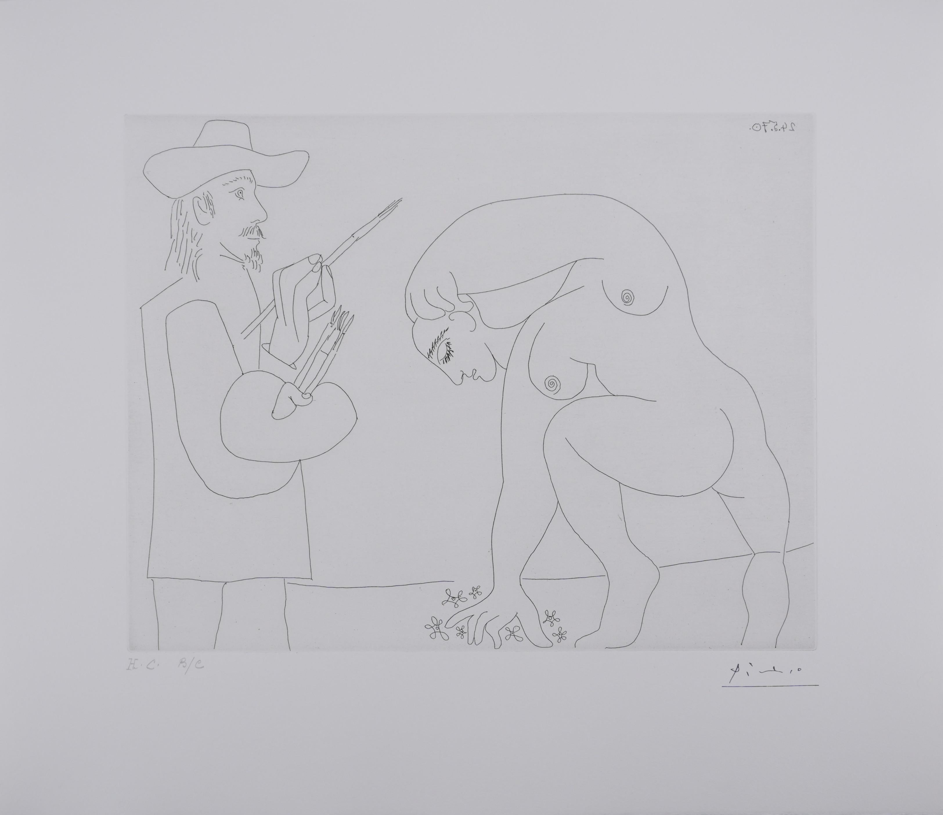 Nude Print Pablo Picasso - The 156, Painter and Woman with Flowers - Gravure originale, signée (Baer #1917)