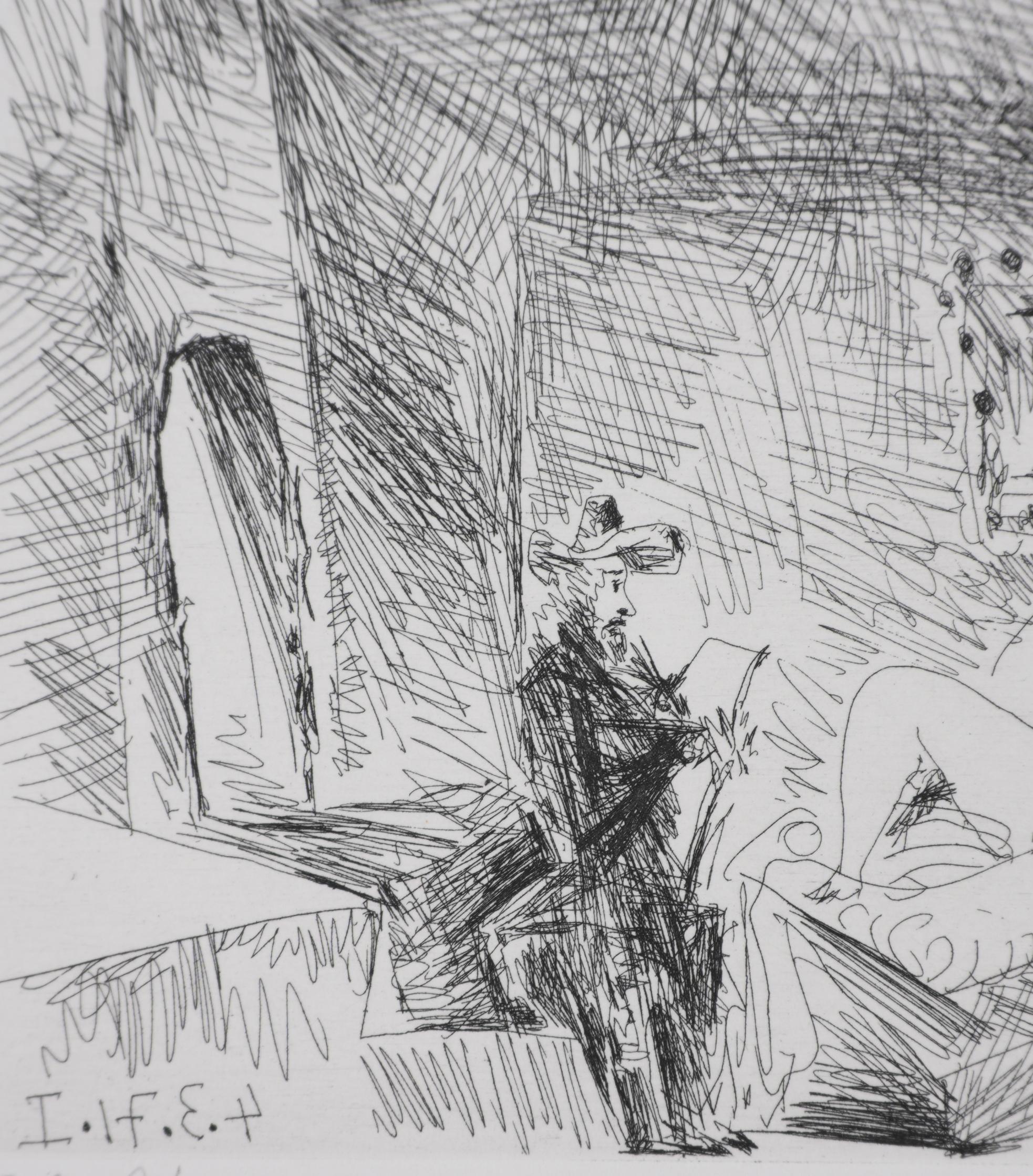 Pablo Picasso (1881-1973)
Il 156, pittore, modella e tela in una stanza a volta (lastra 65), 1978

Acquaforte originale (laboratorio Crommelynck)
Firmato con timbro
A.I.C. giustificato B & C.
Su Vellum, 25 x 33 cm (c. 10 x 13 poll.)

RIFERIMENTO:
-
