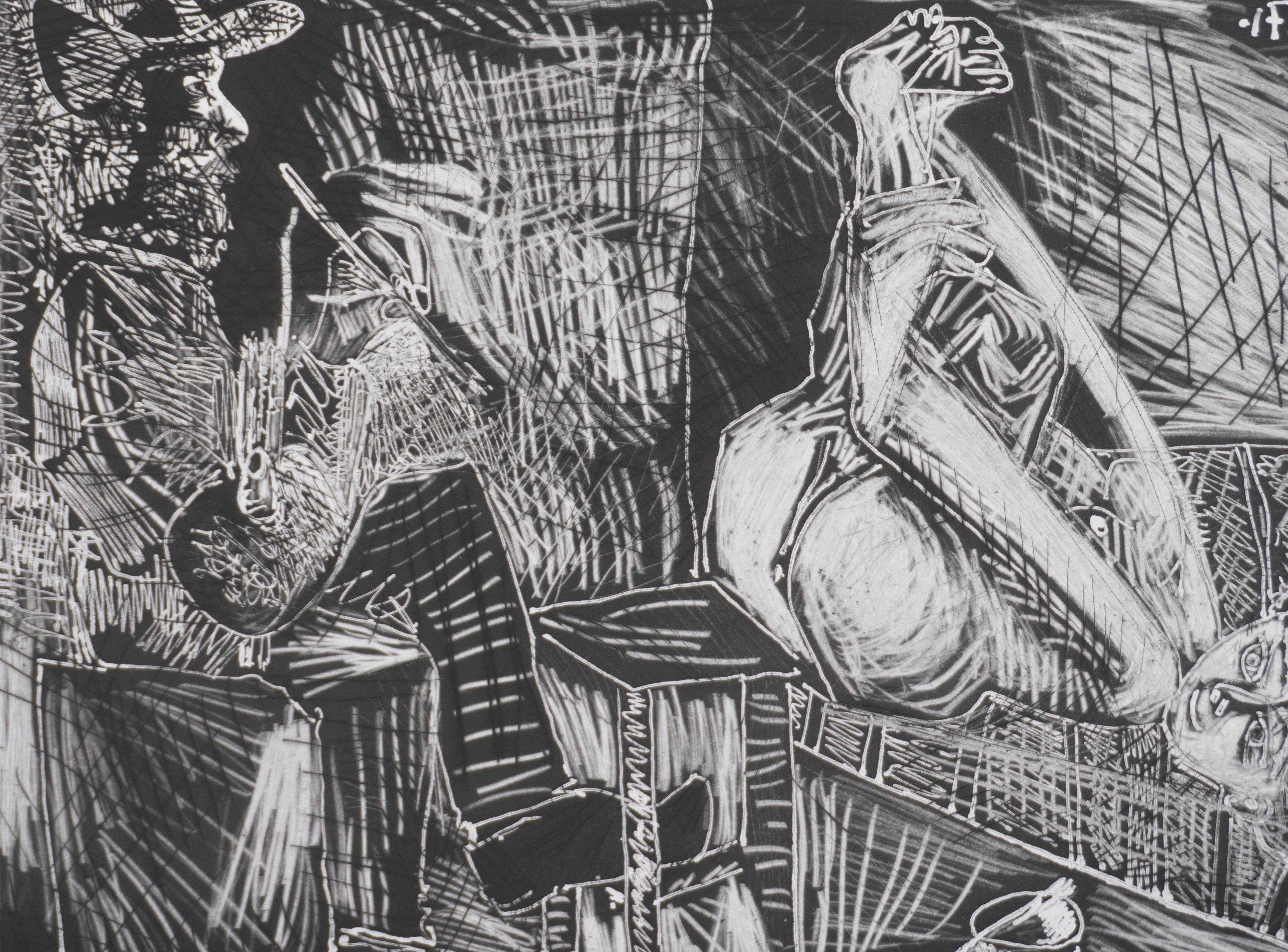 Il 156, pittore con la sua tela - Acquaforte originale, firmata (Baer #2014) - Nude Print Grigio di Pablo Picasso
