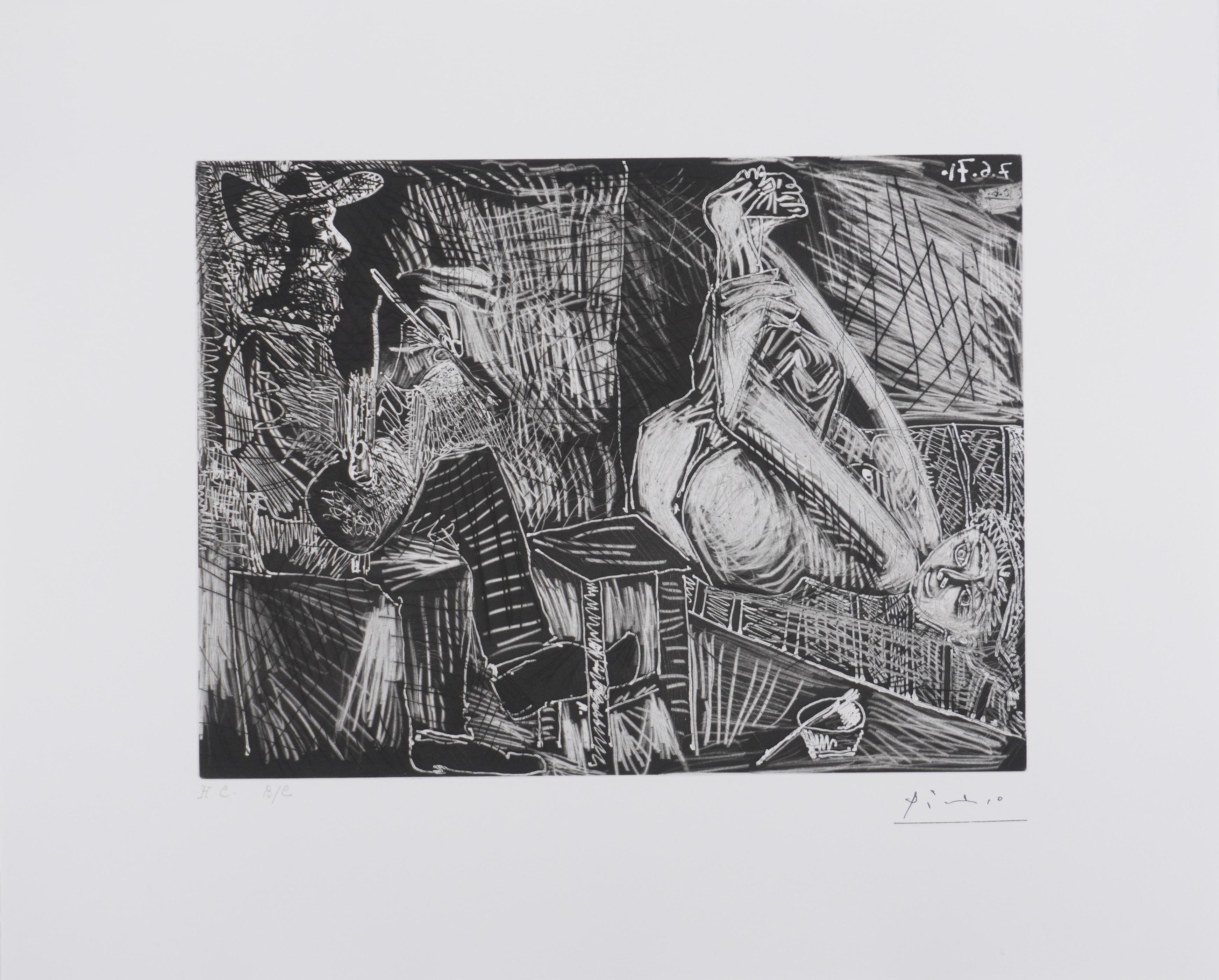 Nude Print di Pablo Picasso - Il 156, pittore con la sua tela - Acquaforte originale, firmata (Baer #2014)