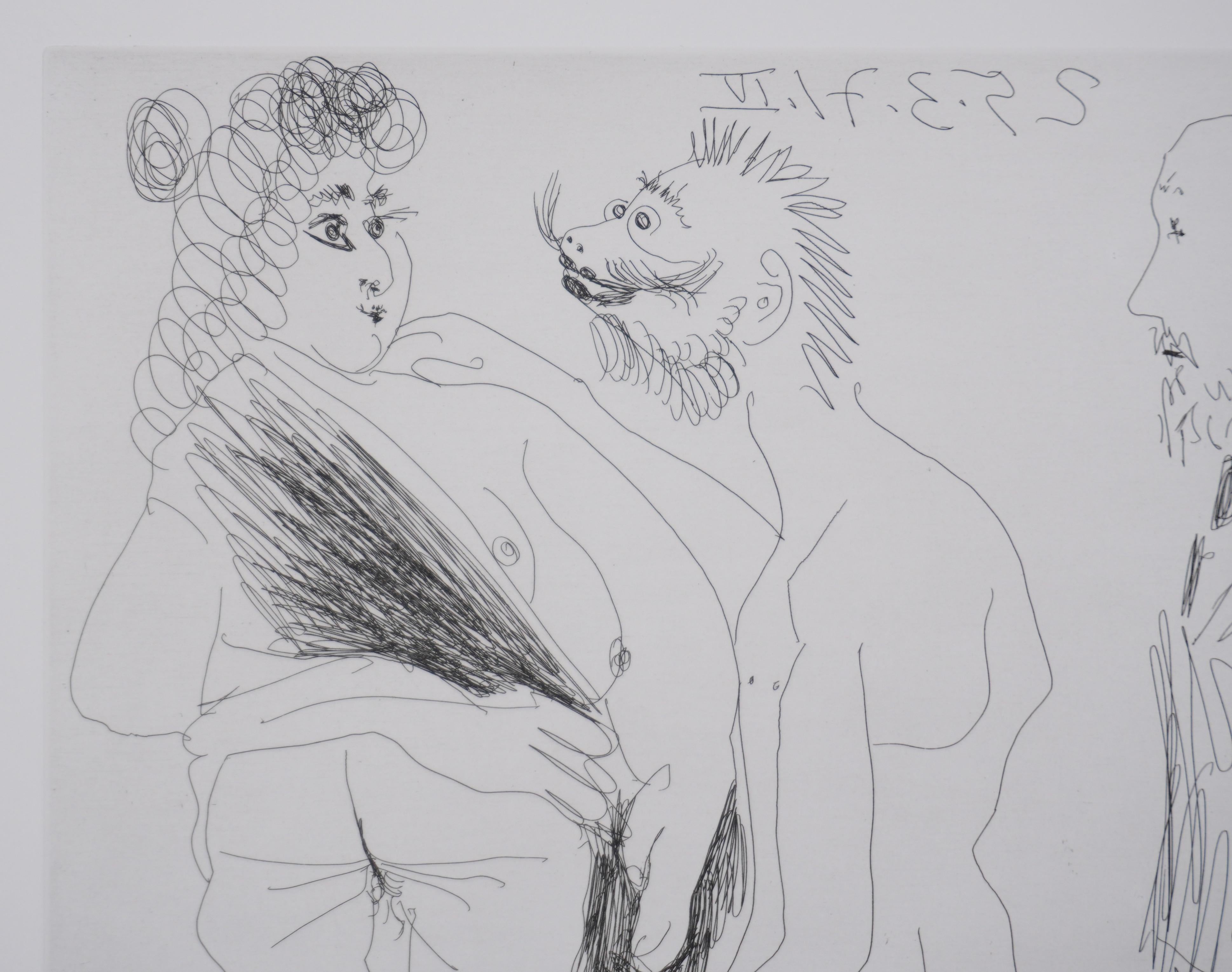 Pablo PICASSO (1881-1973)
The 156, Scene of seduction (plate 95), 1978

Original etching (Crommelynck workshop)
Signed with stamp
Justified HC B/C
On vellum, 36.5 x 45 cm (c. 14.37 x 17.71 in)

REFERENCE:
- Catalogue raisonné Bloch #1950
- Catalogue