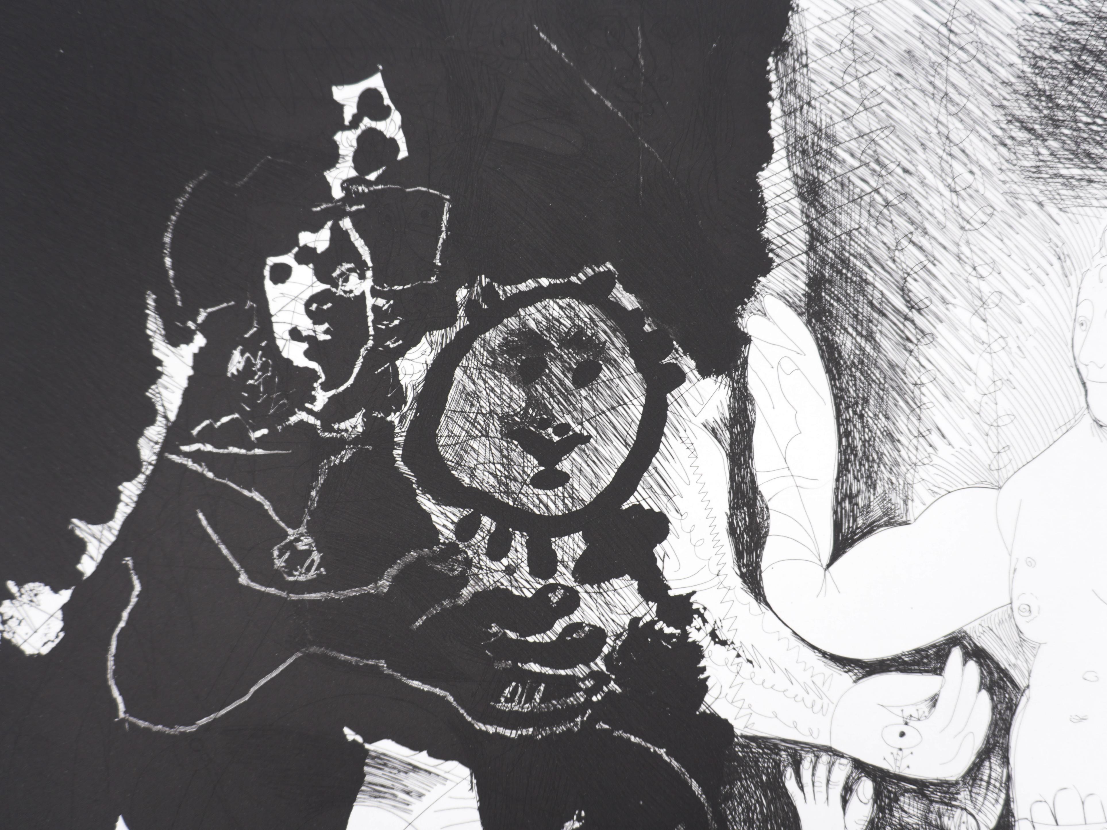 Pablo PICASSO (1881-1973)
The 156, Spectacle for a couple : Captain Frans Banningh Cocq and Women (plate 15), 1978

Original etching with aquatint (Crommelynck workshop)
Signed with stamp
Justified HC B/C
On vellum, 63 x 76 cm (c. 25 x 30