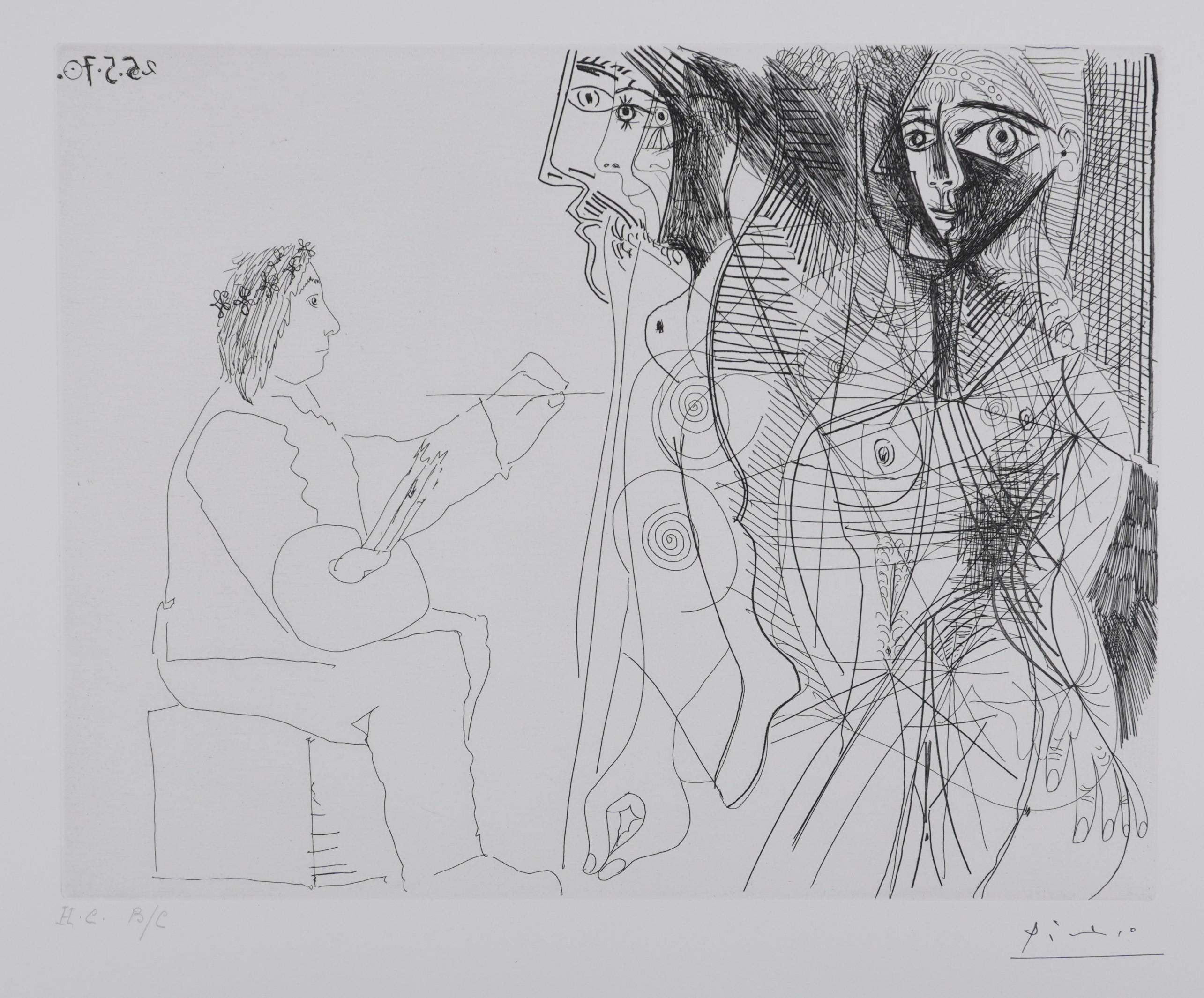 Los 156, el pintor y la mujer - Aguafuerte original, firmado (Baer #1918) - Print Cubista de Pablo Picasso