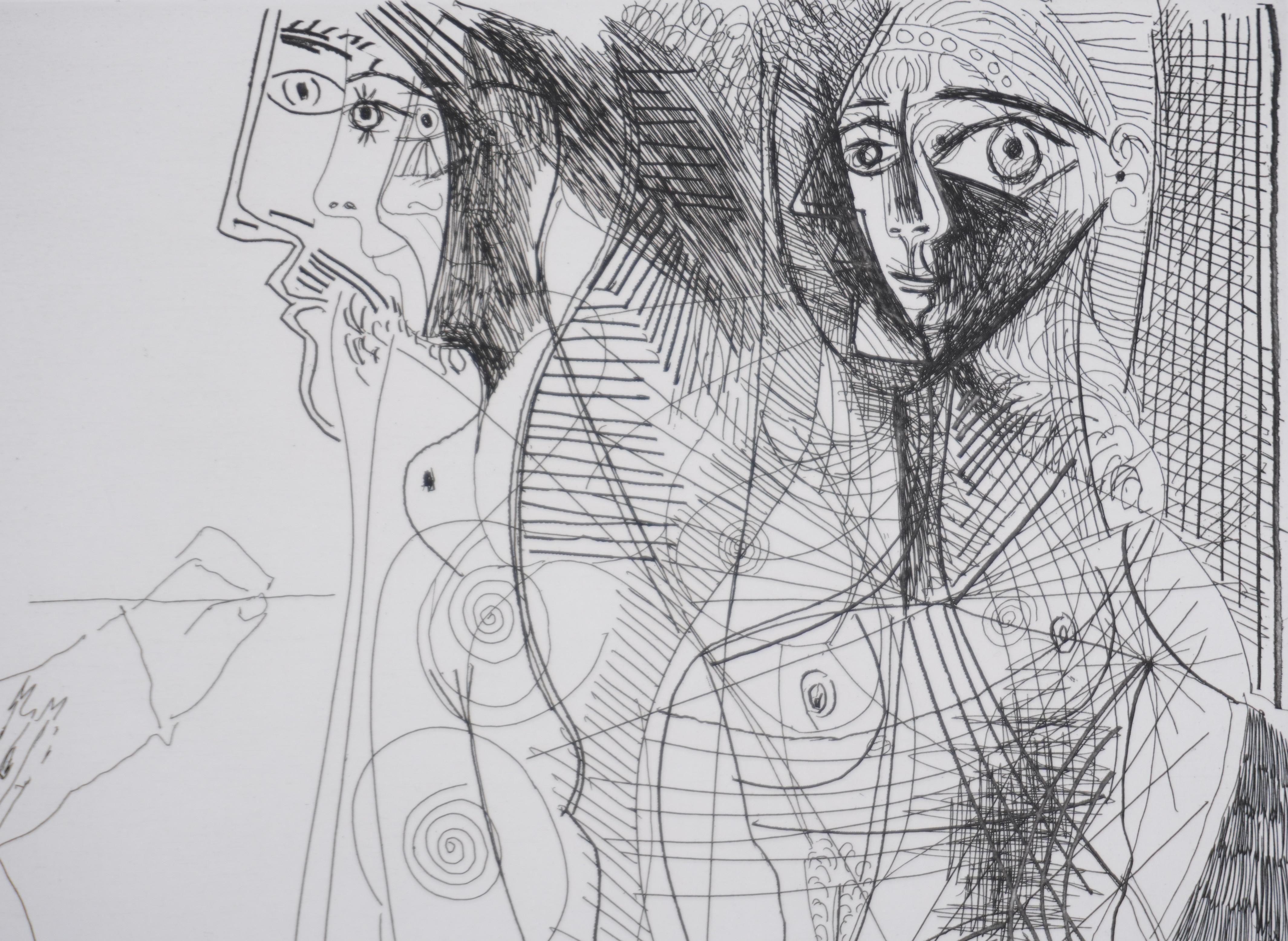 Los 156, el pintor y la mujer - Aguafuerte original, firmado (Baer #1918) - Nude Print Gris de Pablo Picasso