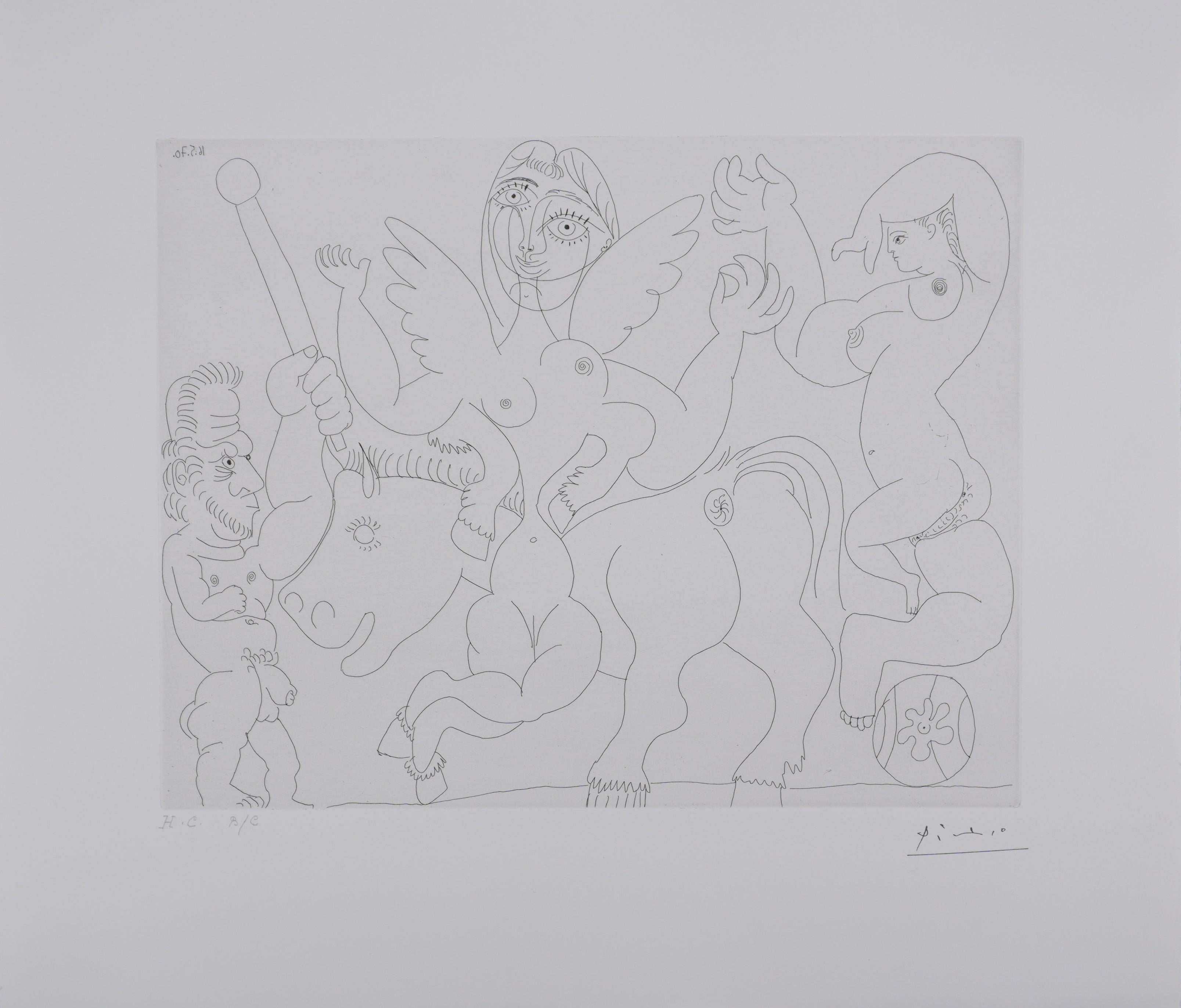 Nude Print Pablo Picasso - The 156, Winged Horsewoman and Acrobat - Gravure originale, signée (Baer #1911 )