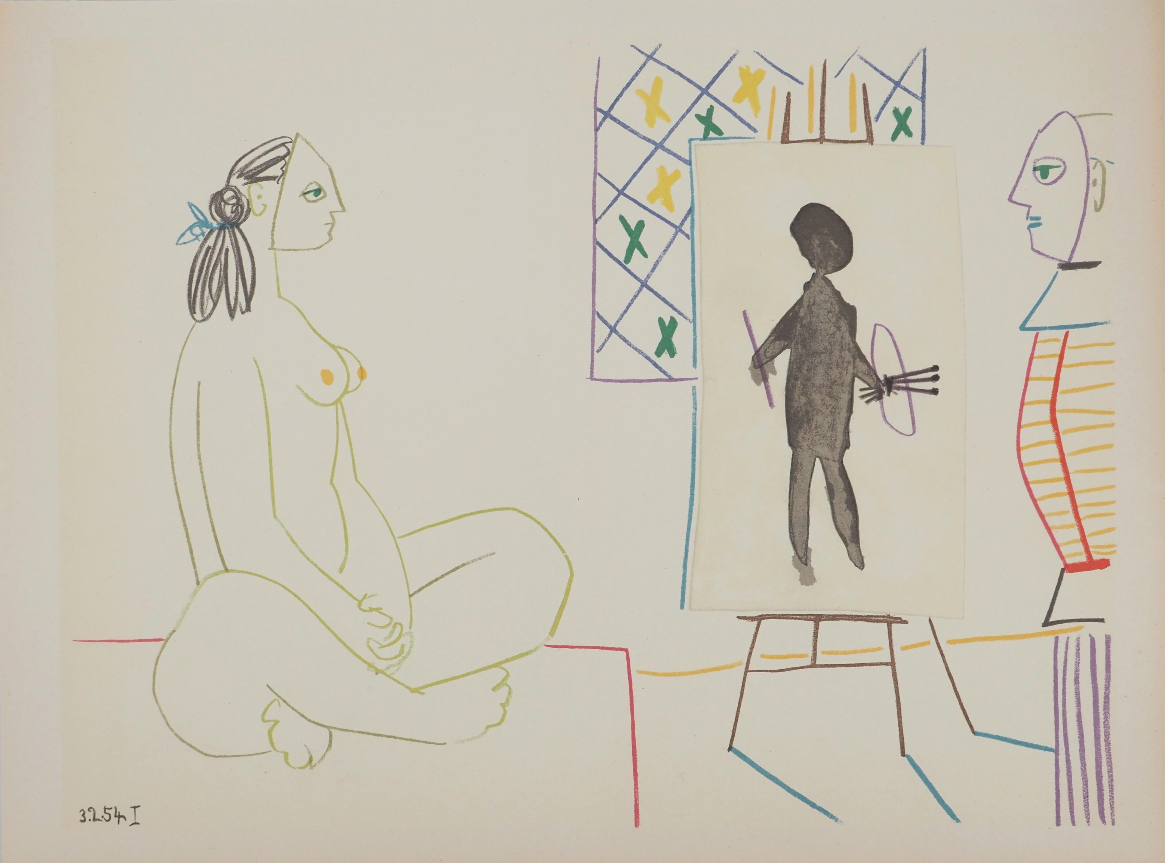 El artista disfrazado y su modelo - Litografía original (Mourlot) - Print de Pablo Picasso