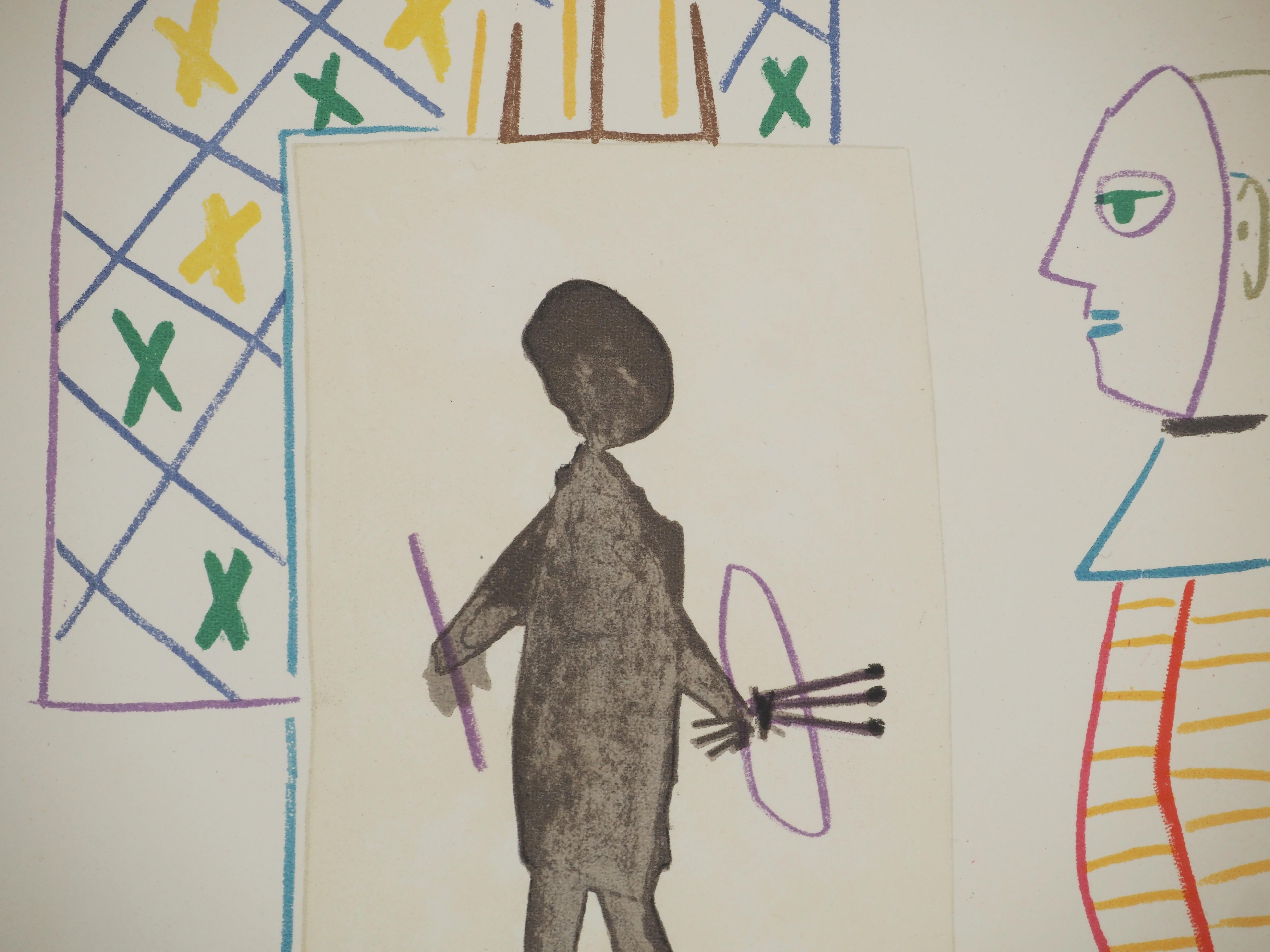 El artista disfrazado y su modelo - Litografía original (Mourlot) - Figurative Print Beige de Pablo Picasso