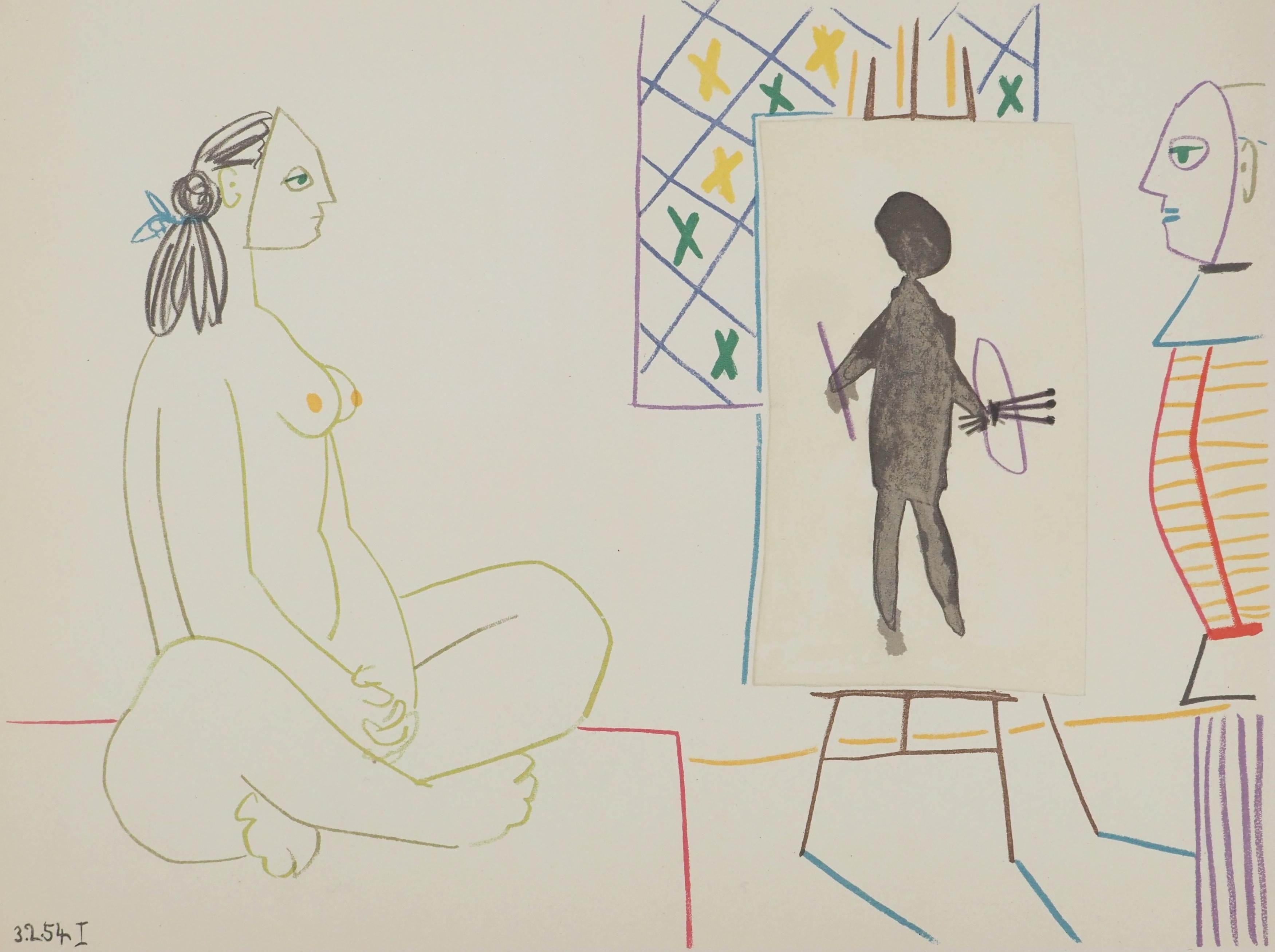 Figurative Print de Pablo Picasso - El artista disfrazado y su modelo - Litografía original (Mourlot)