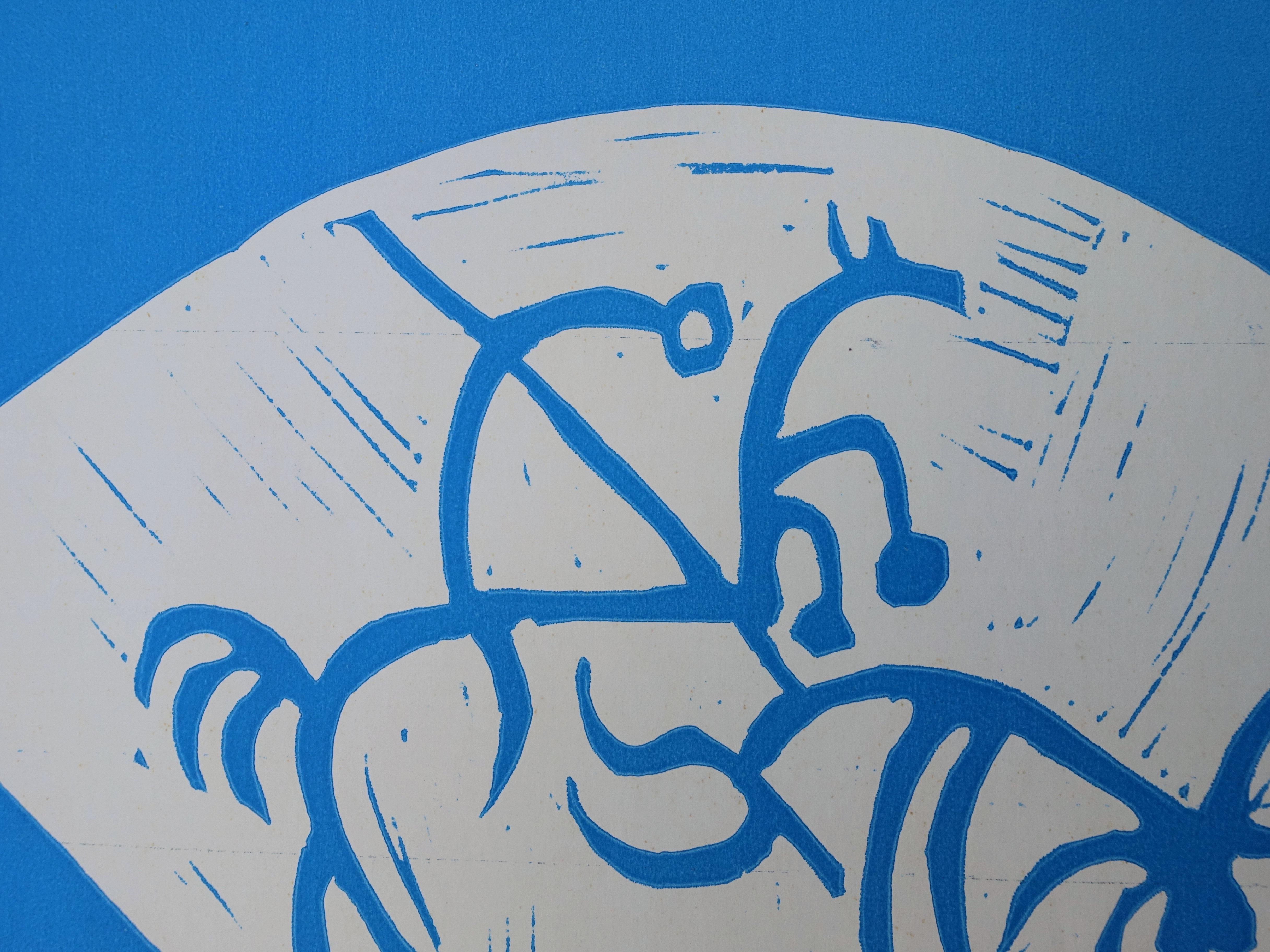 Toros en Vallauris - Original linocut, Handsigned (Bloch #1276) - Blue Figurative Print by Pablo Picasso