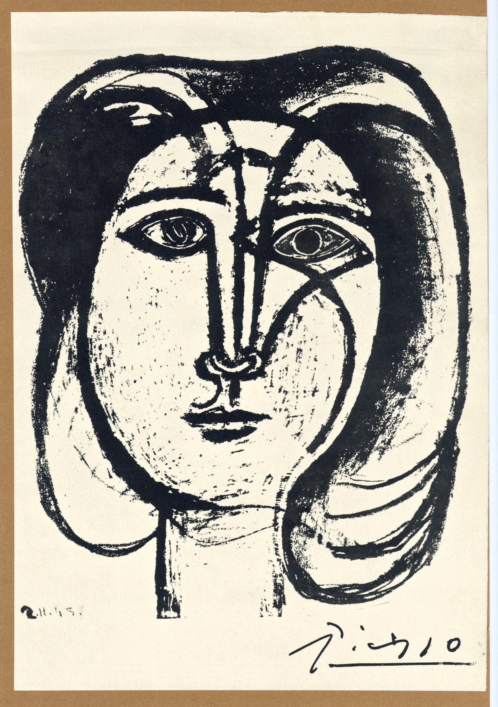 Traits, Tete de femme - affiche de lithographie et collage - Print de (after) Pablo Picasso