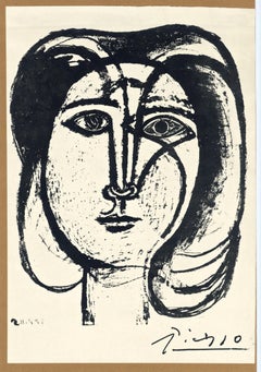(after) Pablo Picasso - Traits, Tete de femme - lithograph poster and collage