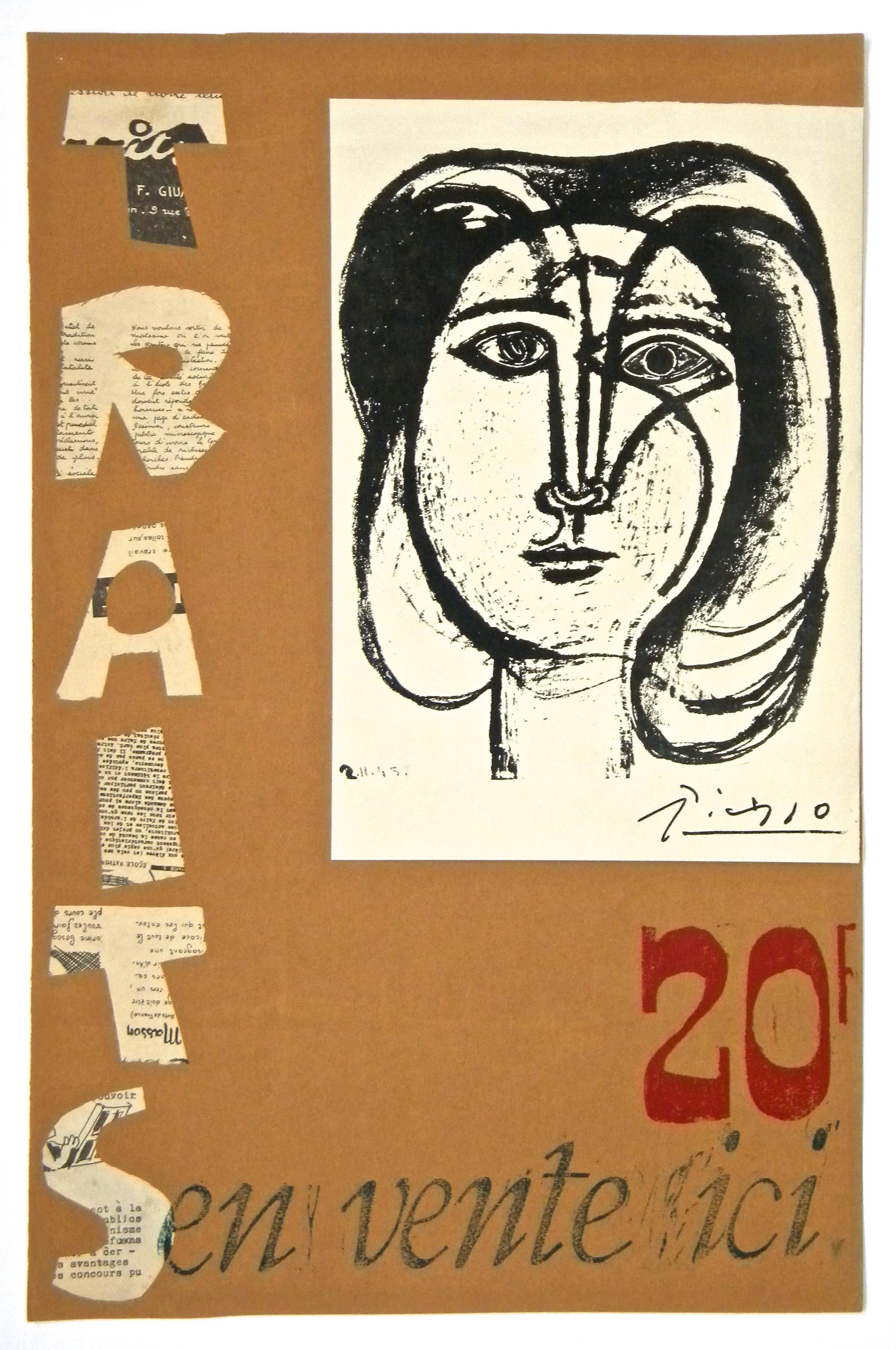 Portrait Print (after) Pablo Picasso - Traits, Tete de femme - affiche de lithographie et collage